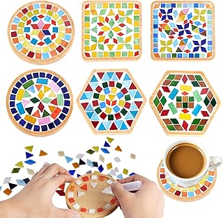 CaiyiDiyue 6 Sets DIY Glass Mosaic Tiles for Crafts，Mixed Color Mosaic Kits with Wooden