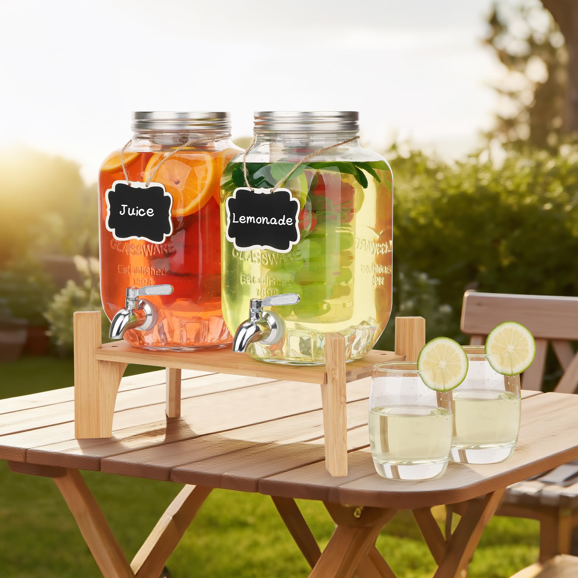 Juego de 2 dispensadores de bebidas de vidrio para fiestas, dispensadores de bebidas heladas de 1 galón con soporte, dispensador de jugo con infusor de frutas y espiga a prueba de fugas, ideal para