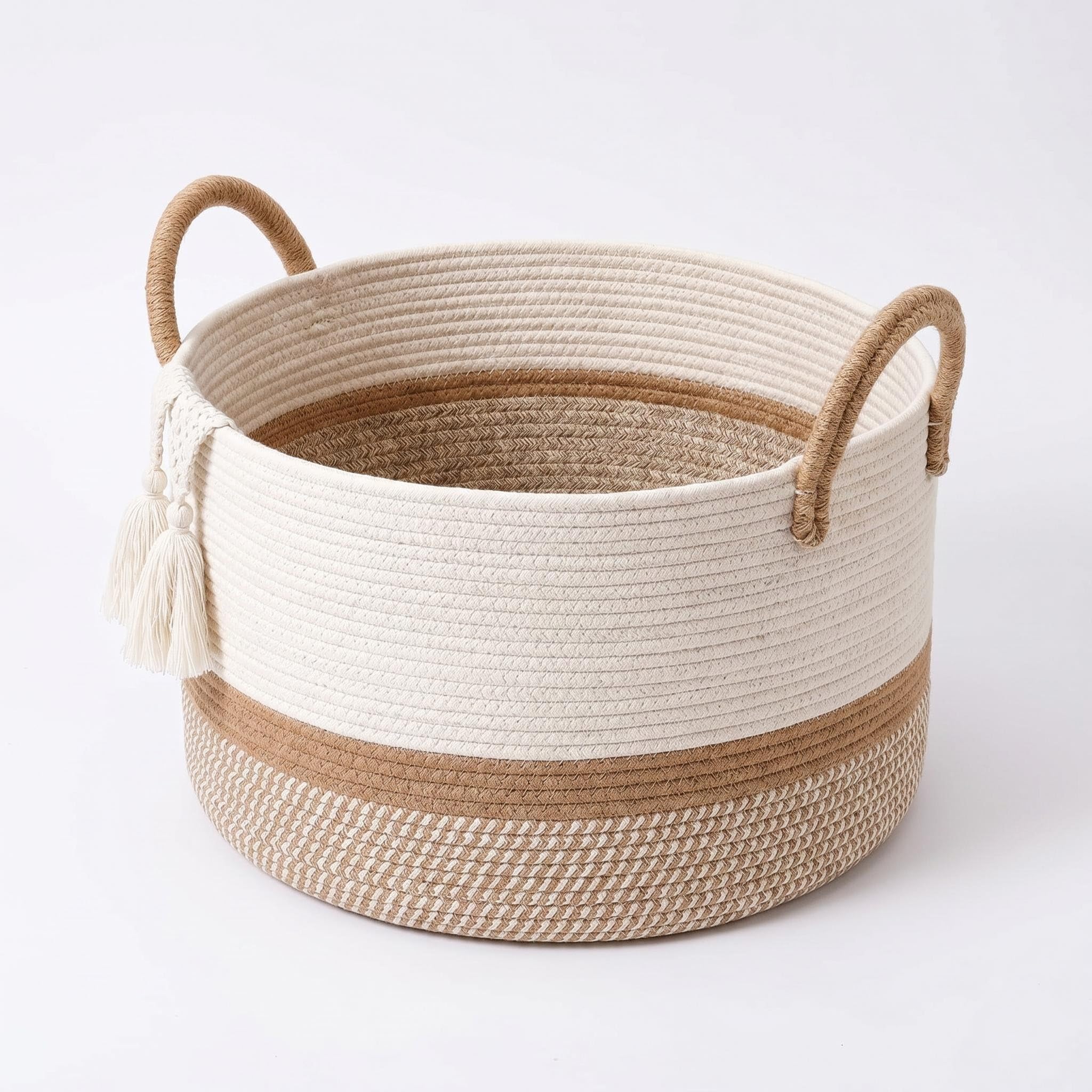 Large Cotton Rope Laundry Basket, Woven Storage Basket with Reinforced Handles, Foldable Toy Basket for Nursery, Blanket Basket Laundry Hamper for Living Room (White, (32L)40 * 40 * 25CM)