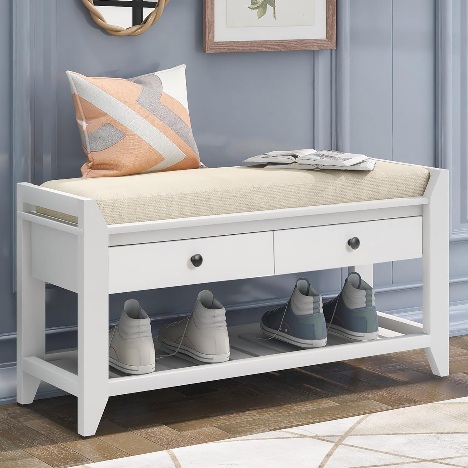P PURLOVE Storage Bench Multipurpose Entryway Bench Shoe Rack with Cushioned Seat, Drawers and Shelf for Entryway Living Room, White