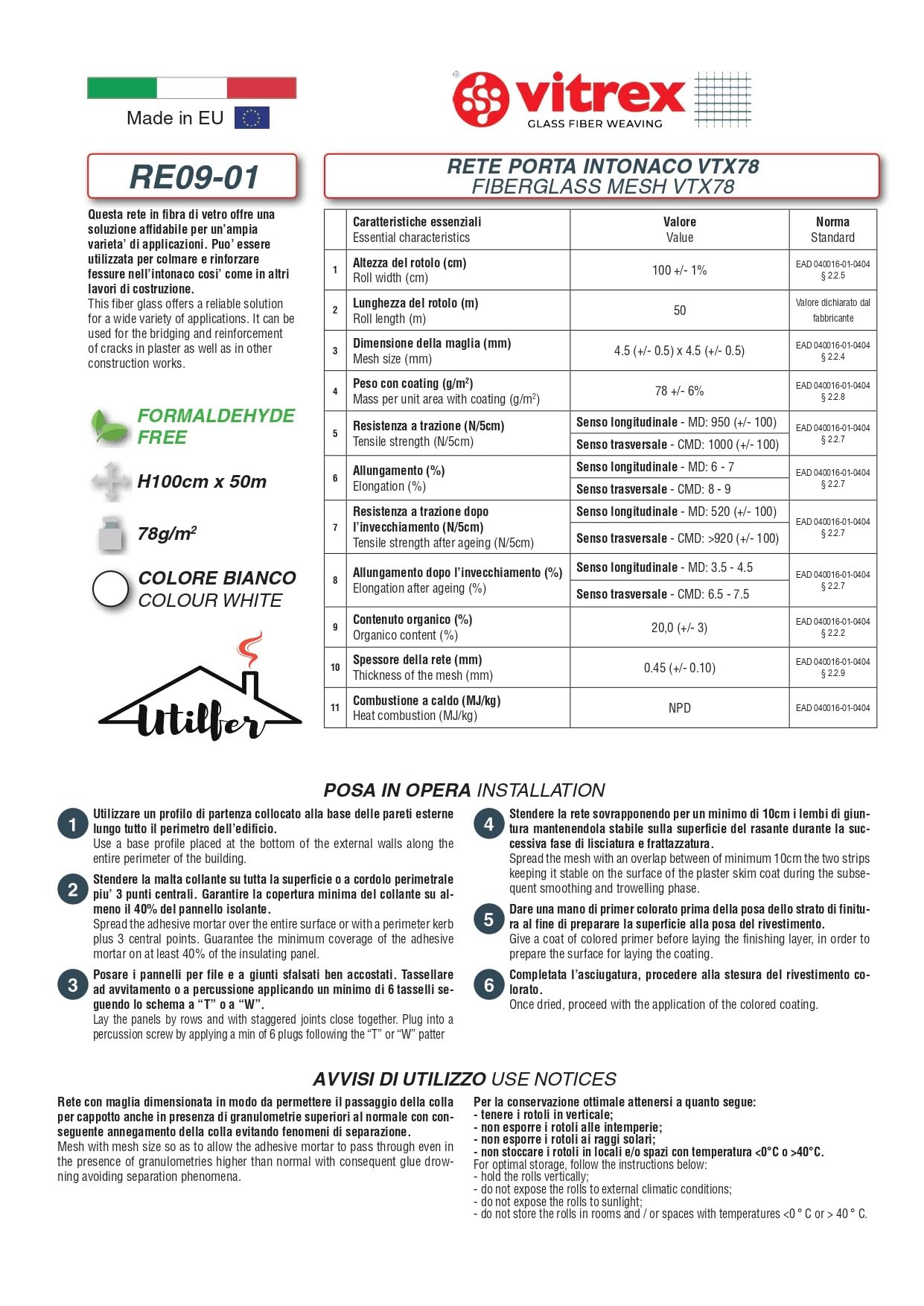 UTILFER RETE RETI PORTAINTONACO FIBRA VETRO ANTIALCALINA APPRETTO CERTIFICATA ETAG (Maglia 5 x 5 gr.80 mq)