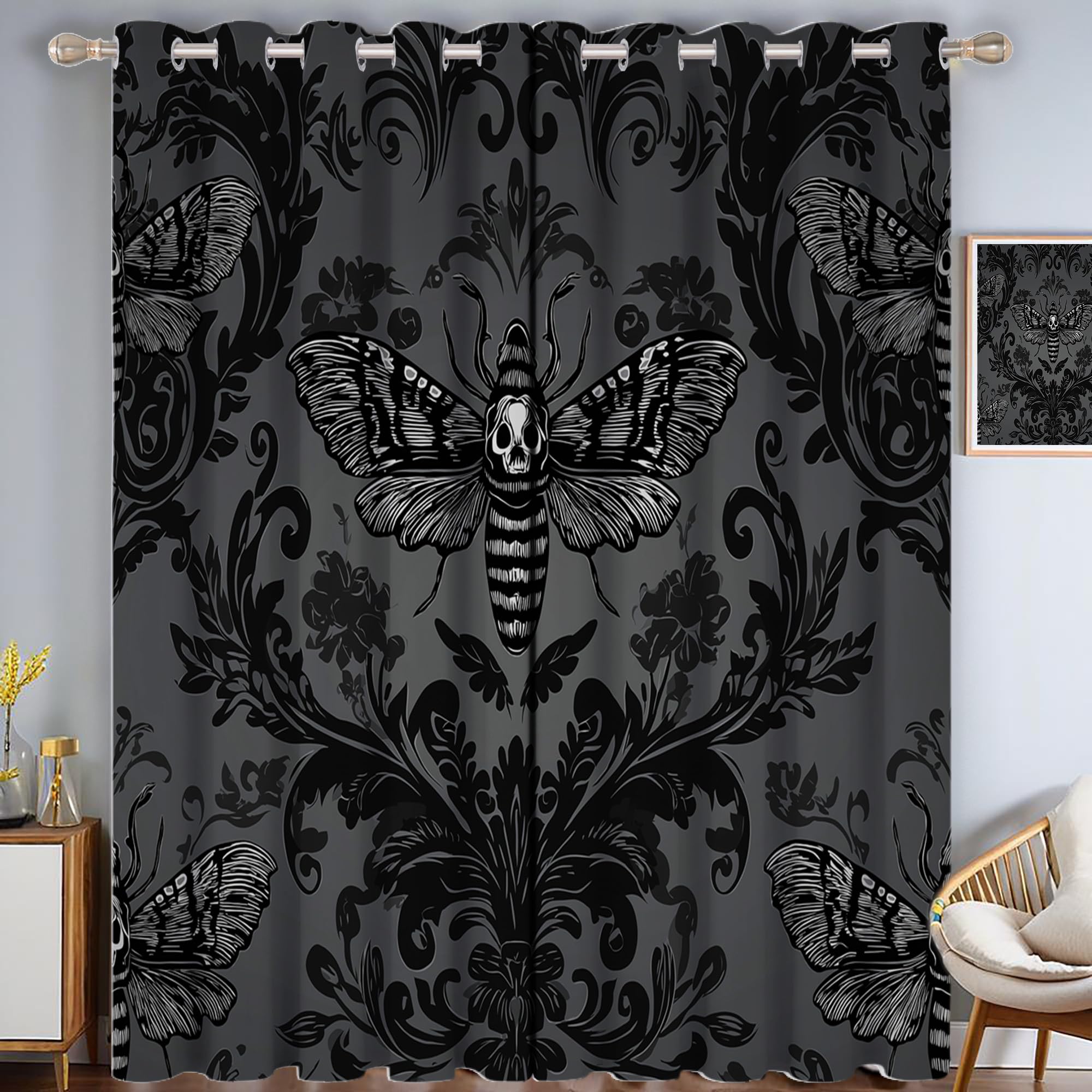 Rideau de salon gothique damassé gris | Lot de 2 panneaux à oeillets 140x160 cm