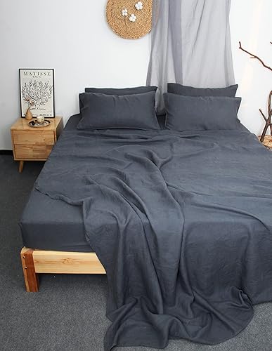 Miniatura 6 de S VICTORY SYMBOL - Juego de sábanas 100% de lino natural francés, ropa de cama ultrasuave, duradera y lujosa, lavado de piedra, 4 piezas (color