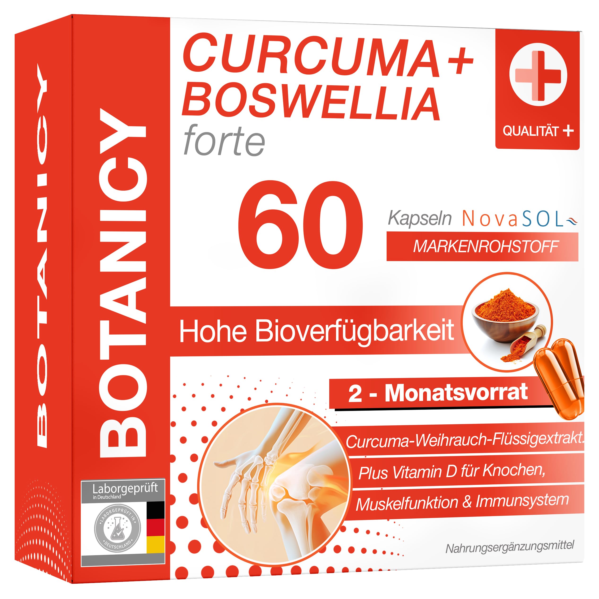 BOTANICY Curcuma + Boswellia forte - 60 Kurkuma Weihrauch Kapseln mit Markenrohstoff NovaSOL - Plus Vitamin D3 für Knochen & Muskeln - Hohe Bioverfügbarkeit, Weihrauch Kurkuma Kapseln Hochdosiert