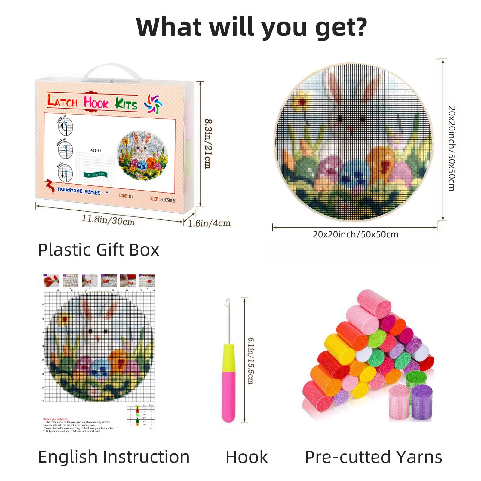 Latch Hook Rug Kit Cute Happy Easter Rabbit and Eggs Round Shape Carpet Crochet Yarn Craft DIY Hook and Latch Door Mat Tapestry for Christmas Home Floor Decor 50x50cm-3