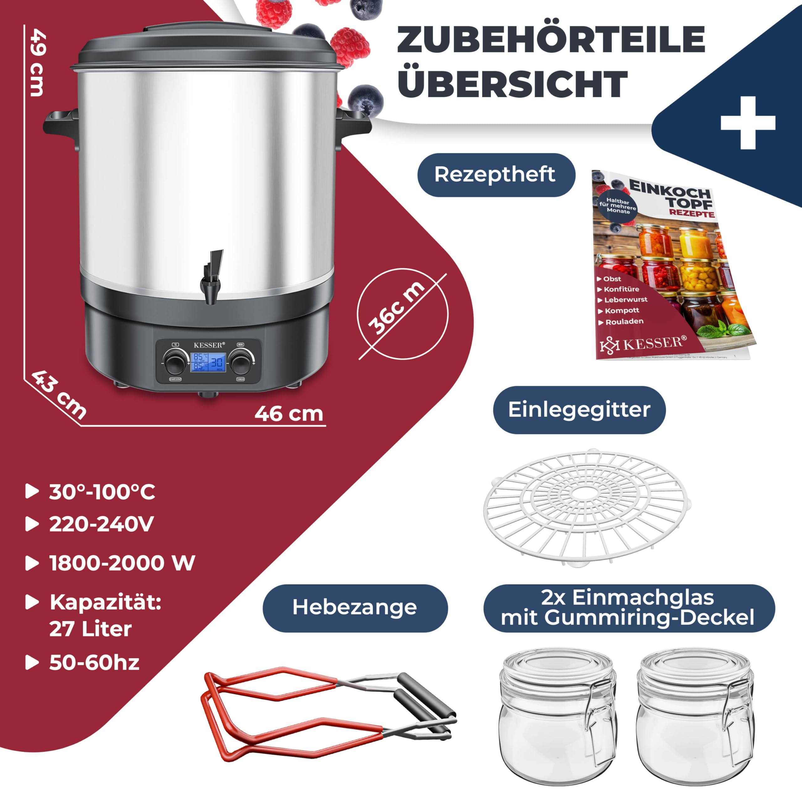 KESSER Einkochautomat 27 Liter Glühweinkocher Glühweinkessel mit Timer 2000 Watt Temperatur von 30-100°C Zeituhr bis 120 Minuten und Dauerbetrieb Abschaltautomatik Einkochvollautomat 2 Gläser & Zange