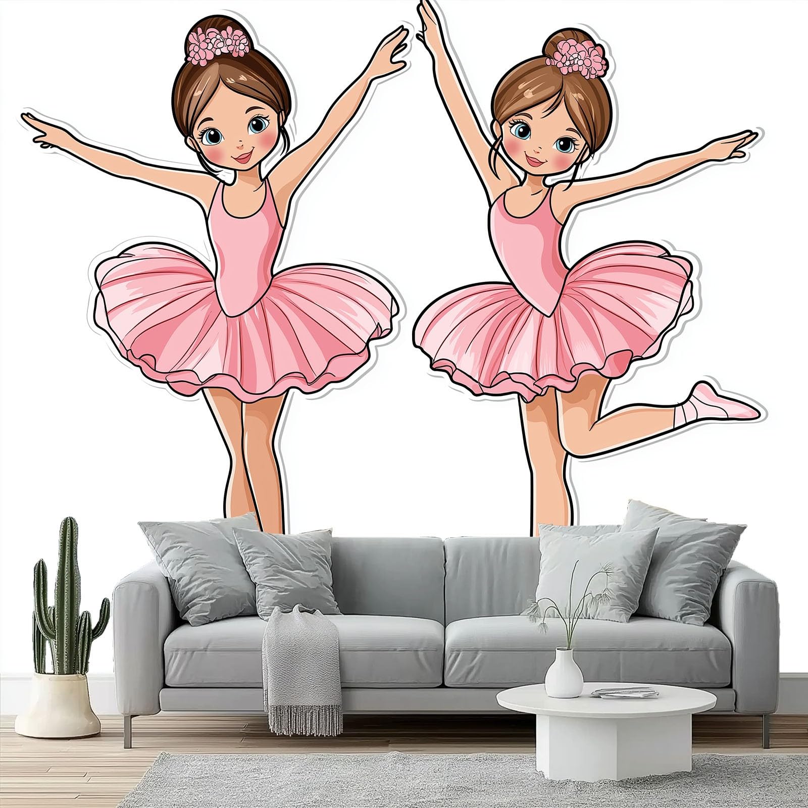 Mural de pared infantil rosa y blanco decorativo con arte de bailarina de dibujos animados