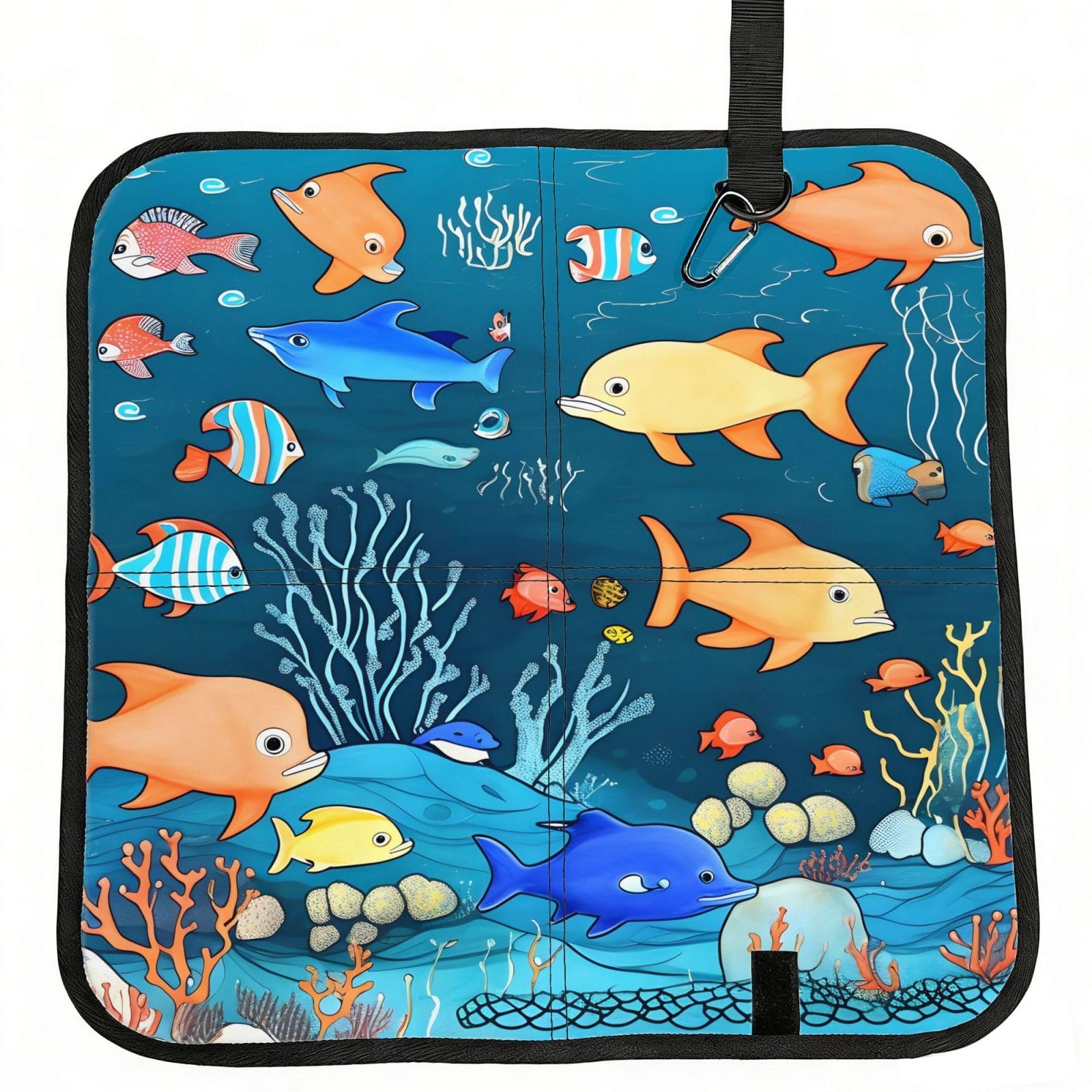 MROWYC Blue underwater world of fish Printed Foldable Seat Cushion - Portable with Carabiner, for Stadium, Camping, Hiking