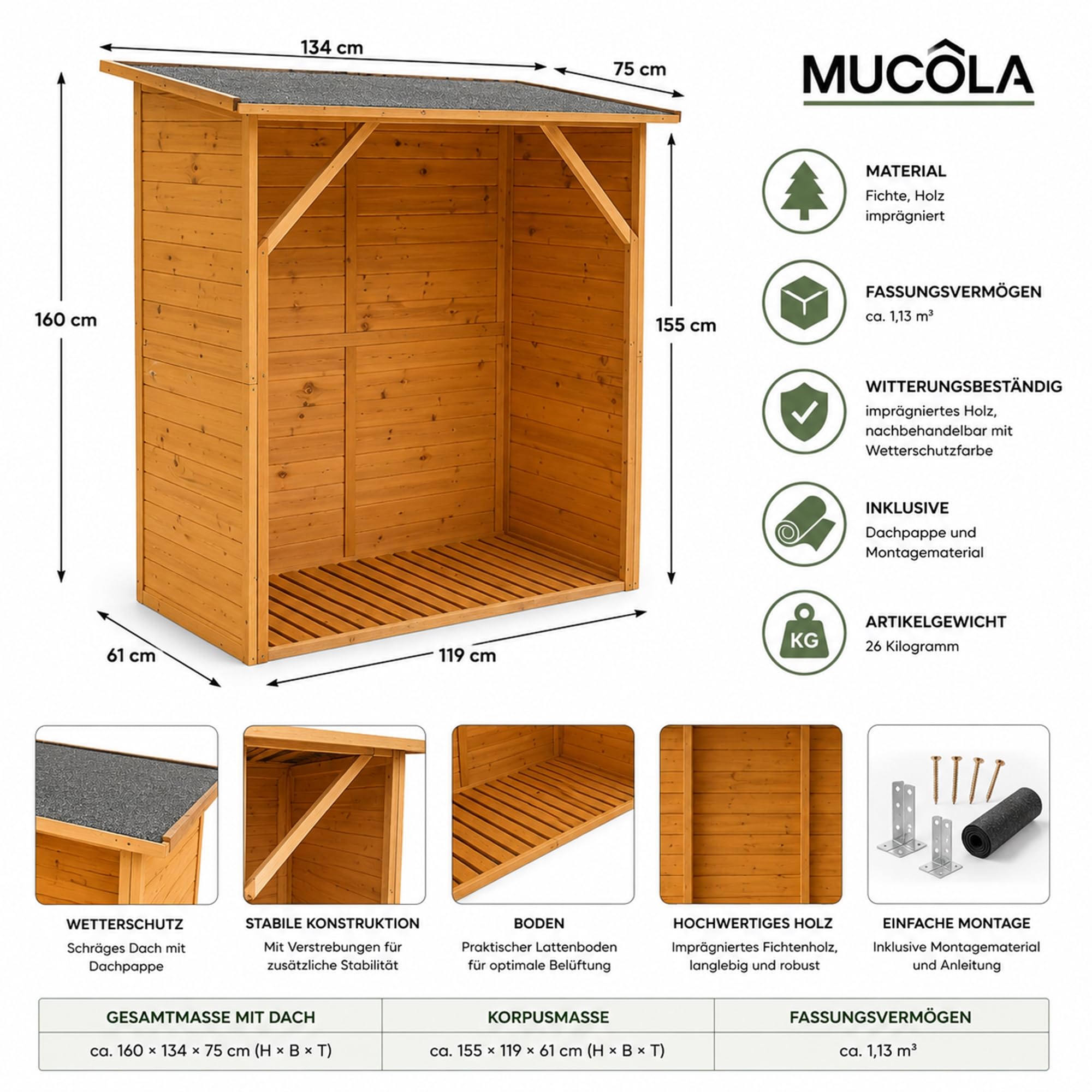 Mucola Kaminholzregal Brennholzregal mit Rückwand 160x134x75 cm Holz Braun | Stapelhilfe für Feuerholz und Scheite, schützt vor Regen, Schnee und Feuchtigkeit, großes Fassungsvermögen, stabil