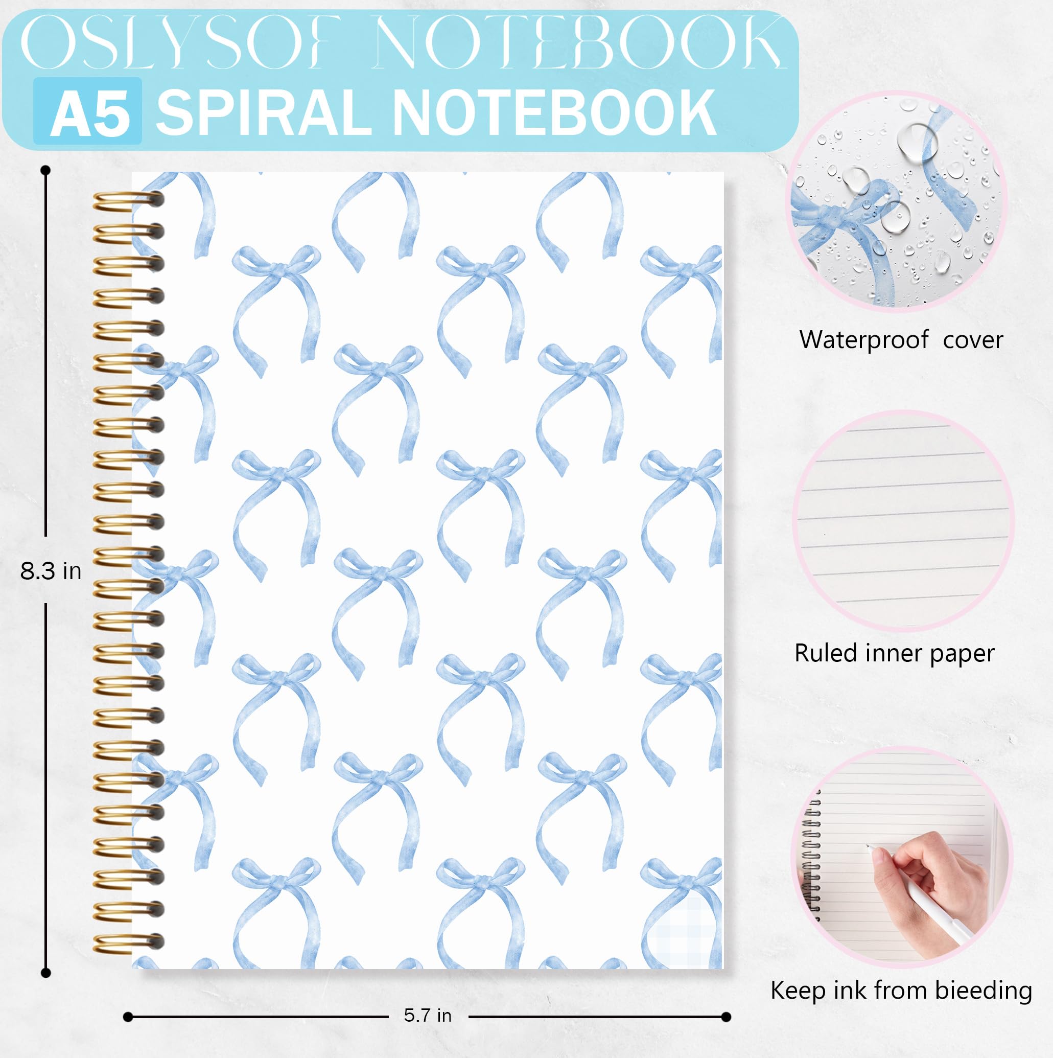 OSLYSOF Cuaderno de espiral con lazo de coqueta azul, cuadernos femeninos azules para tomar notas, diario estético para mujeres, suministros de oficina de coqueta, diario de lazo preparado, 5.5 x 8.3