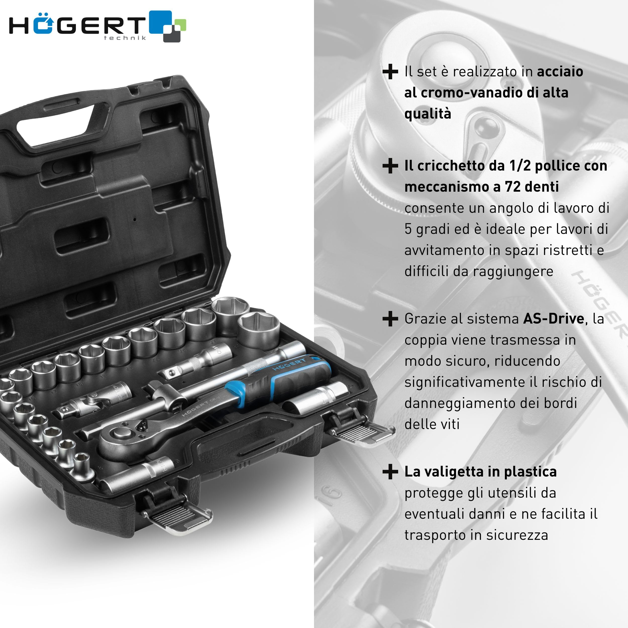 Högert Technik - Set di chiavi a bussola da 24 pezzi da 1/2 pollice con chiave a cricchetto, cricchetto, bussole da 8-32 mm in acciaio CrV in valigetta per officina e garage