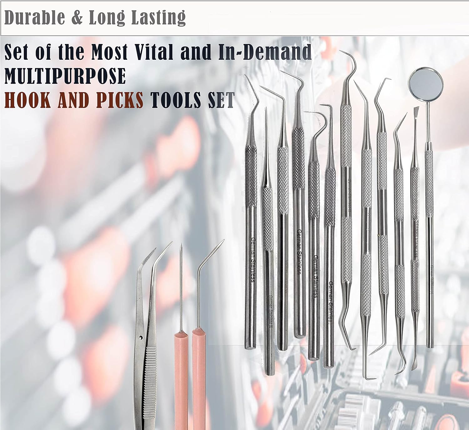 Stainless Steel Precision Micro Probe Set Combo, Straight, Single, Short Double, Long Double, Triple and Hook Tips 5.5 inch- 6.5 inch Overall Length (15)