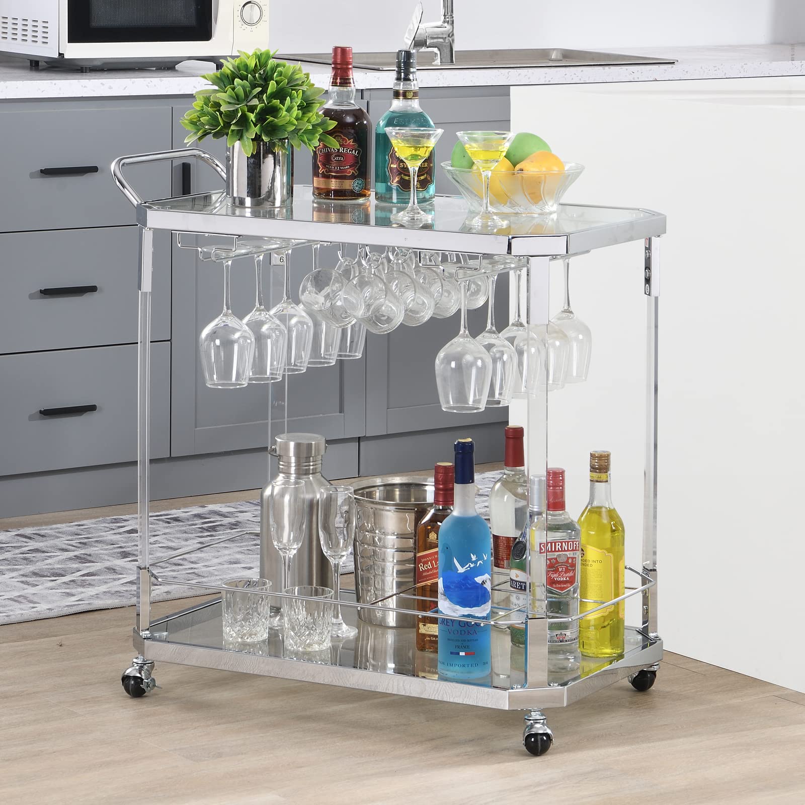 Silver Bar Cart, Coffee Bar Cart Rolling Acrylic Serving Cart with Wine