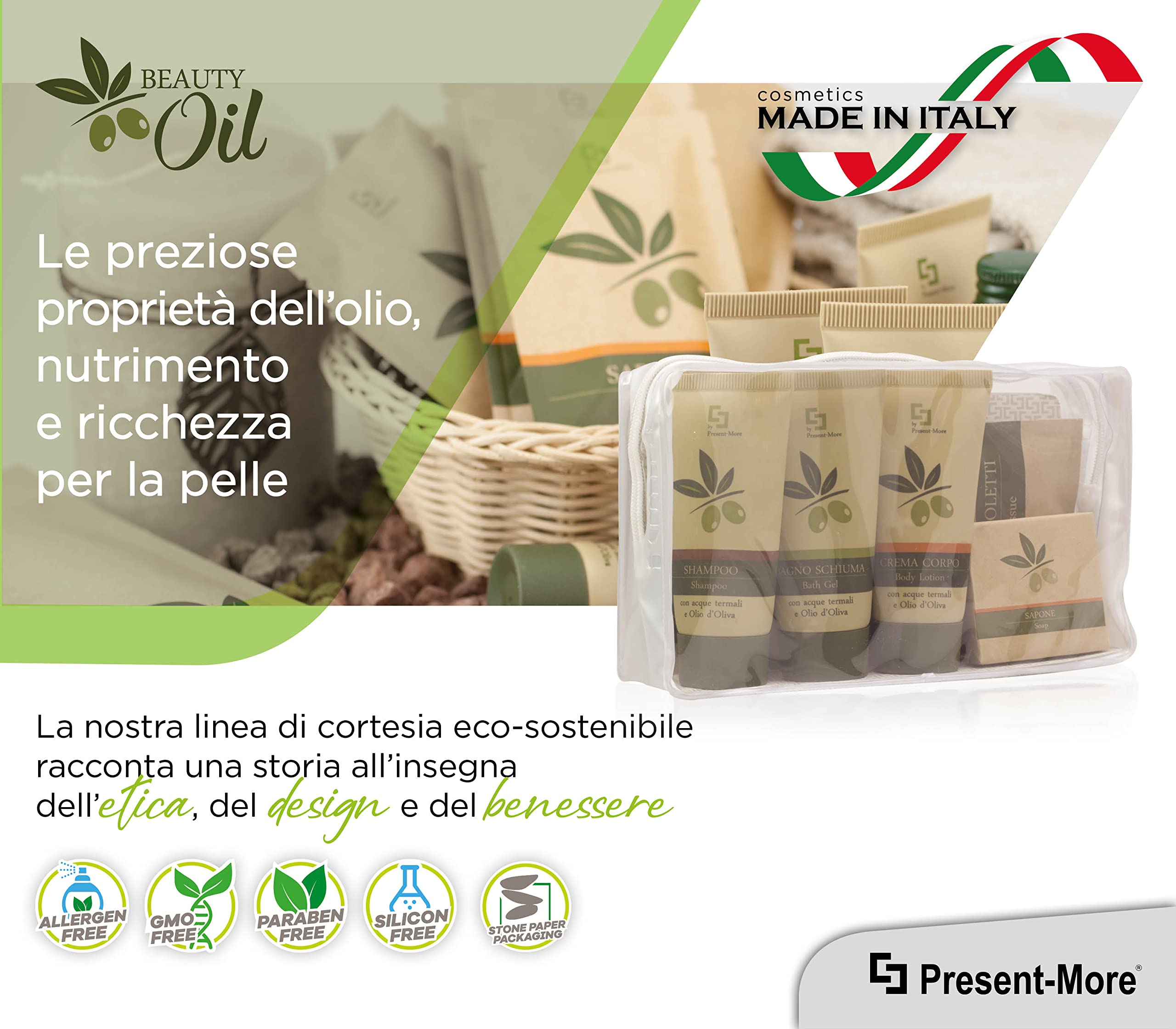 PRESENT-MORE - Set Cortesia 12 Ospiti Beauty Oil - Fragranza Tahitian - Contiene: Shampoo, Gel Doccia, Crema, Sapone e Accessori - Made in Italy - Per Hotel e B&B