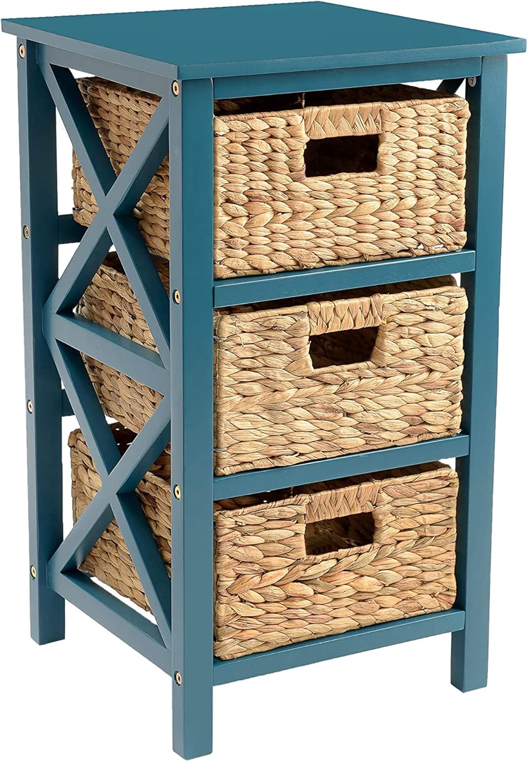 eHemco 3 Tier X-Side Storage Drawer with 3 Wicker Baskets, Teal