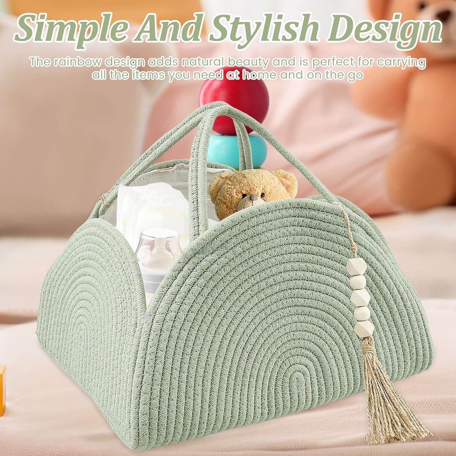 Arc Design Woven Diaper Caddy Basket with Handle for Baby | Lid Diaper Caddy Basket with Dividers for Baby Boy/Girl, Diaper Tote Bag for Bady Storage for Car | Baby Nursery Canvas Caddy (Green)