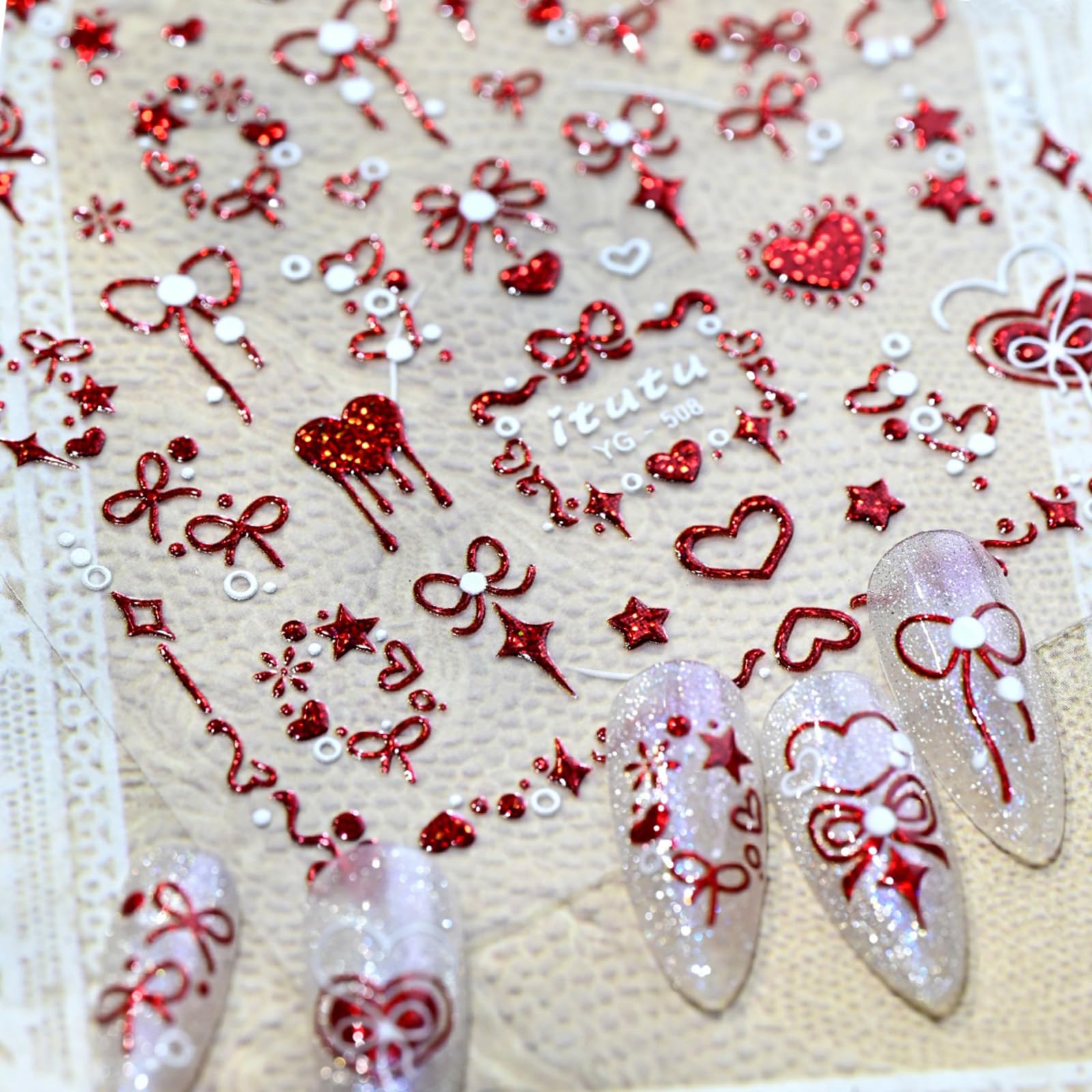 5D Embossed Valentines Nail Stickers Red Nail Art Stickers Heart Bow Glitter Shiny Design Nails Decals Self Adhesive for Women Manicure DIY Decoration Nails Art Supplies
