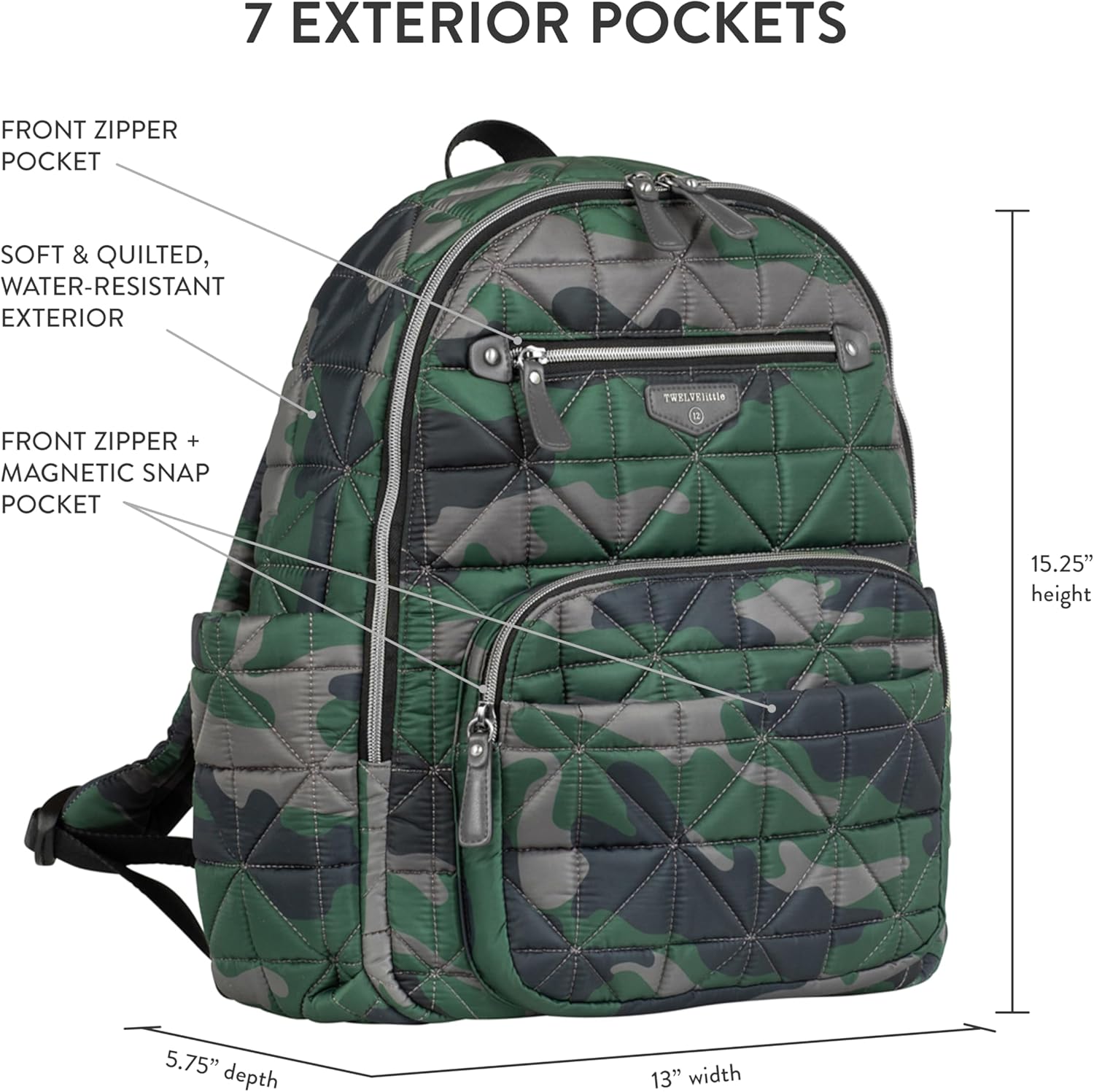 TWELVElittle Companion Diaperbag Backpack 3.0 *NEW* - Includes Changing Pad & Stroller Clips. Insulated Pockets, Machine Washable - Camo