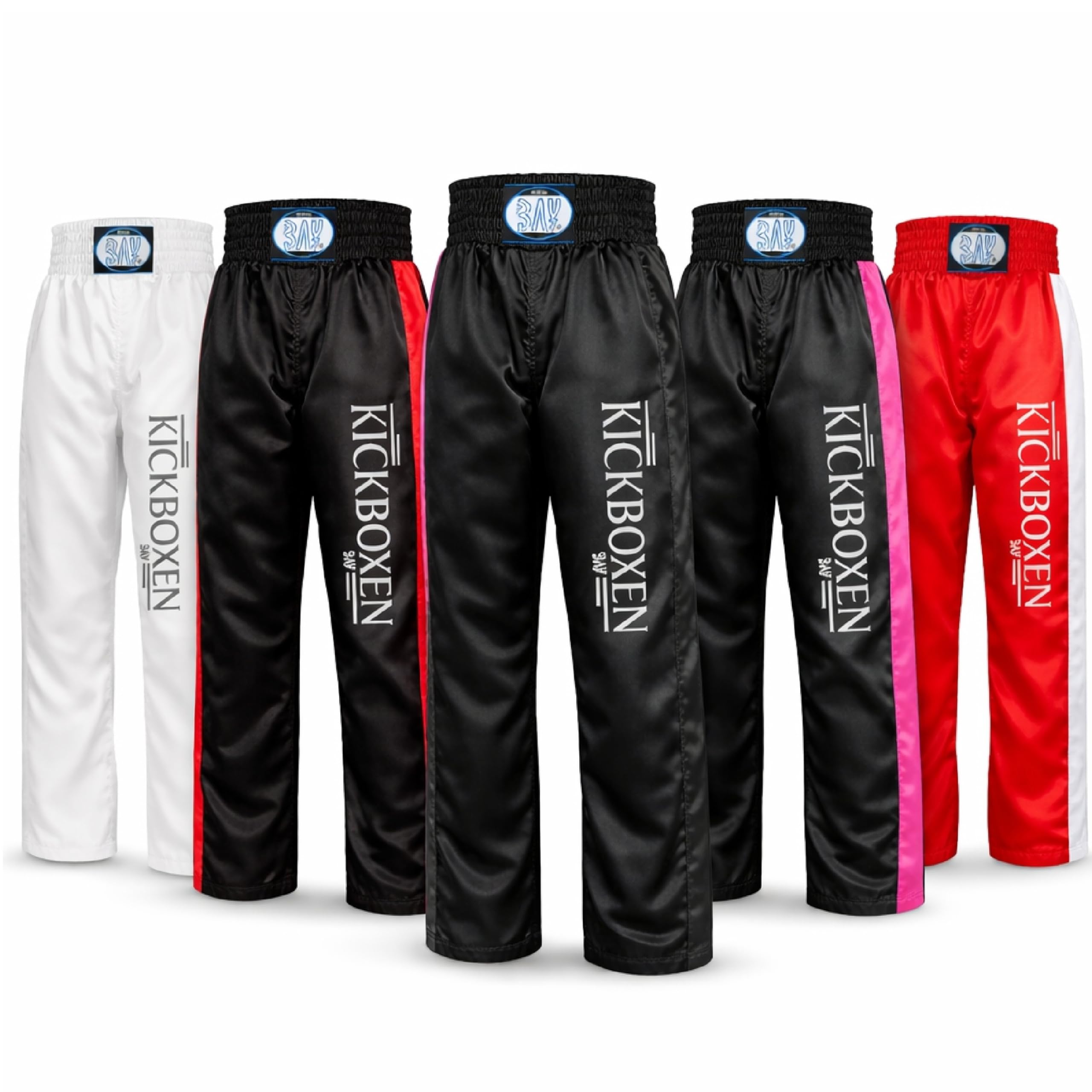 BAY Edel Stick Kickboxhose Kampfsporthose Schwarz lang Polyester gestickter Schriftzug Kickboxen Größen 6XS - XXL