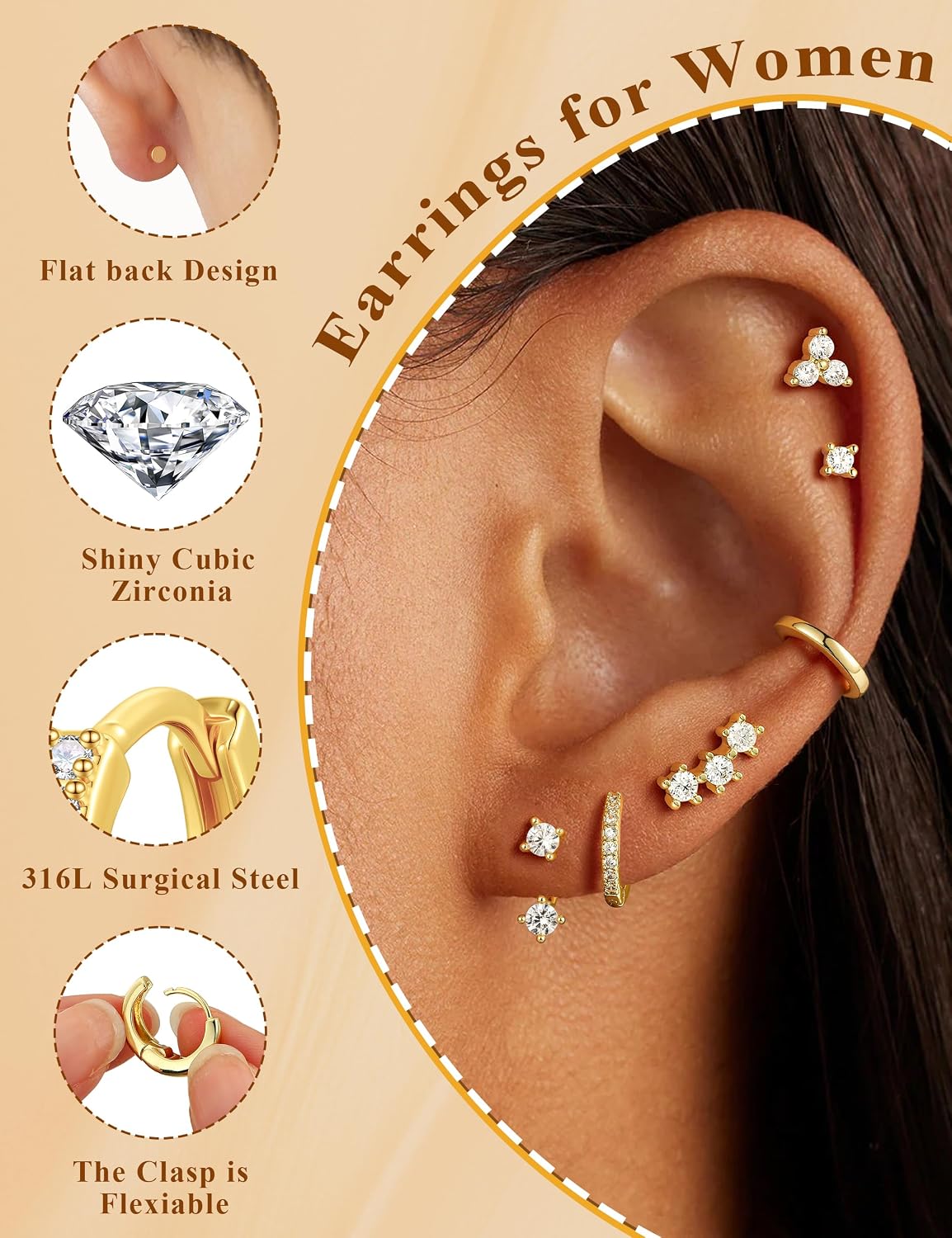 M MOOHAM Flat Back Stud Earring Stack for Women, 14K Gold-Plated Hypoallergenic Stud Earrings Set for Sensitive Ears Cartilage Helix Tragus Huggie Hoop Earrings Trendy Multiple Piercing Jewelry Gifts
