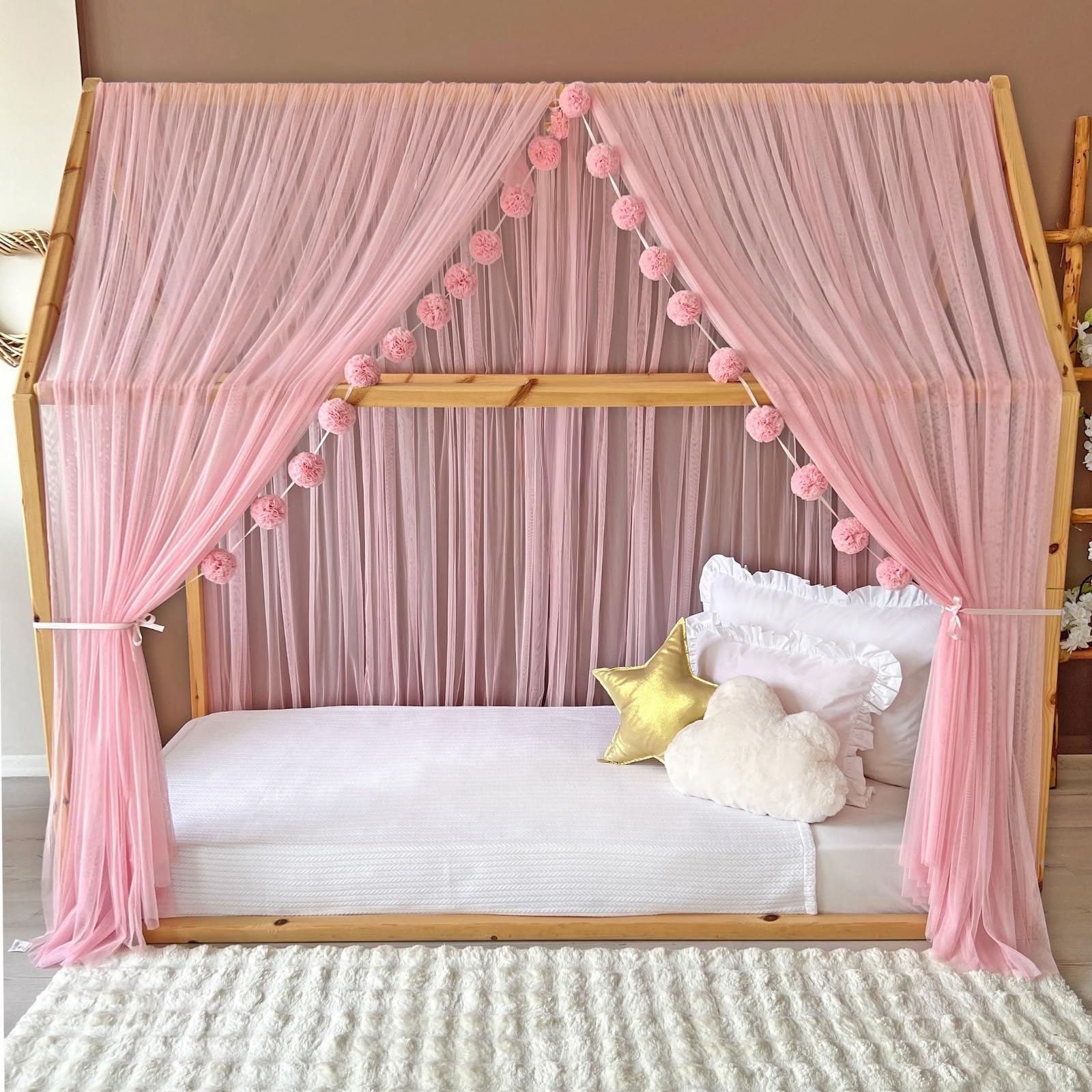 Montessori - Toldo de cama para dormitorio de niñas y niños, elegante decoración de habitación de niños, cortina de cama Montessori para niños pequeños con drapeado suave (rosa, 320 cm, juego
