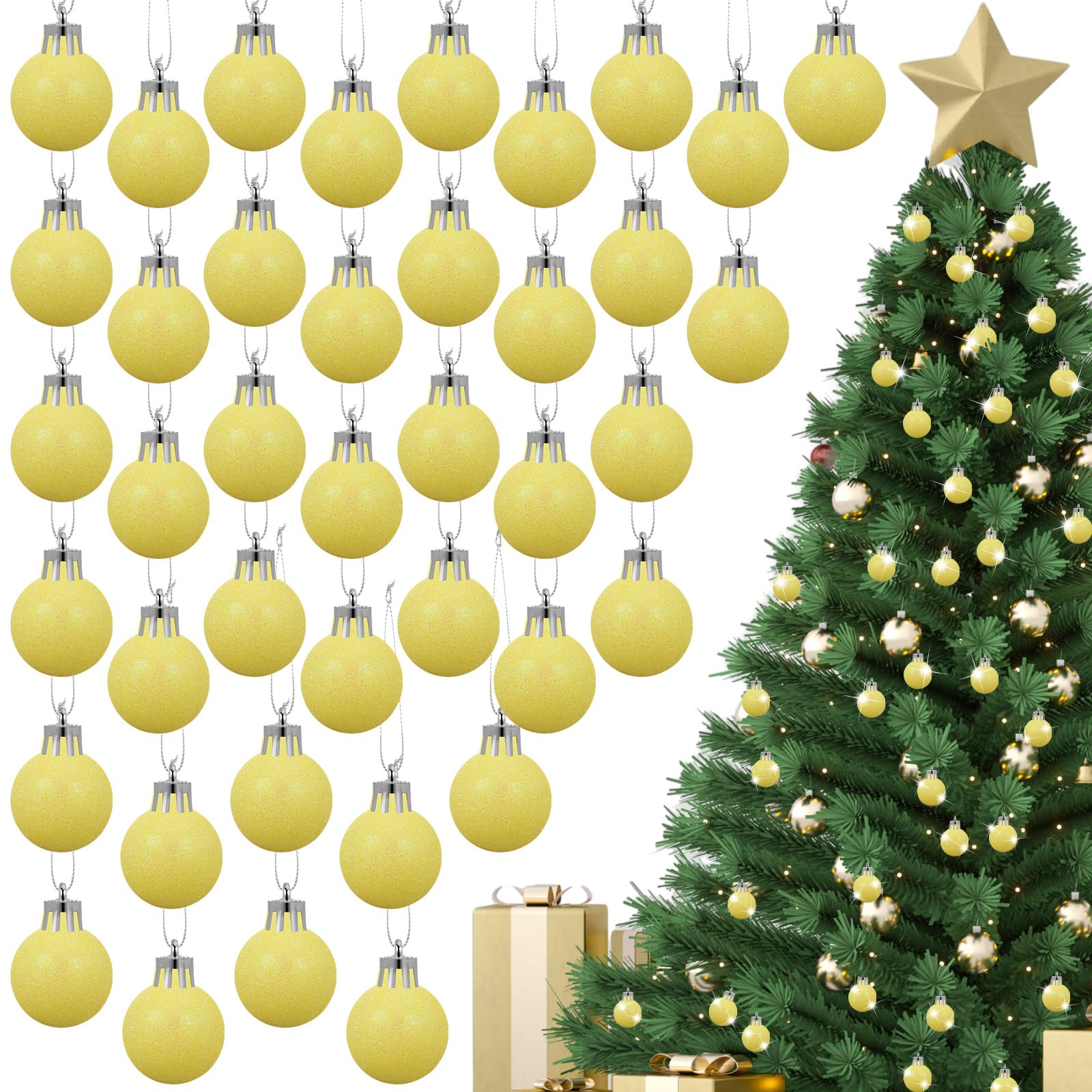 60 Pcs 1.18 Inch Yellow Glitter Christmas Balls Baubles Set for Tree Hanging Wreath Decorations
