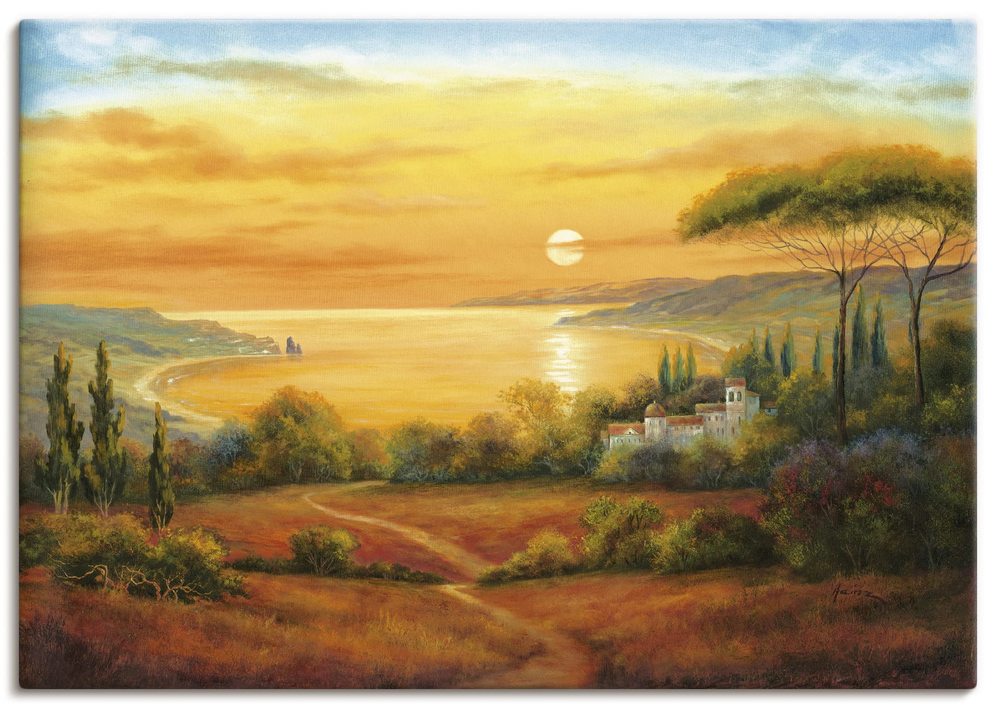 ARTLAND Wanddeko Leinwand Bilder Wandbild 100 x 70 cm Landschaften Europa Italien Malerei Ocker A5JX Toskanabucht II