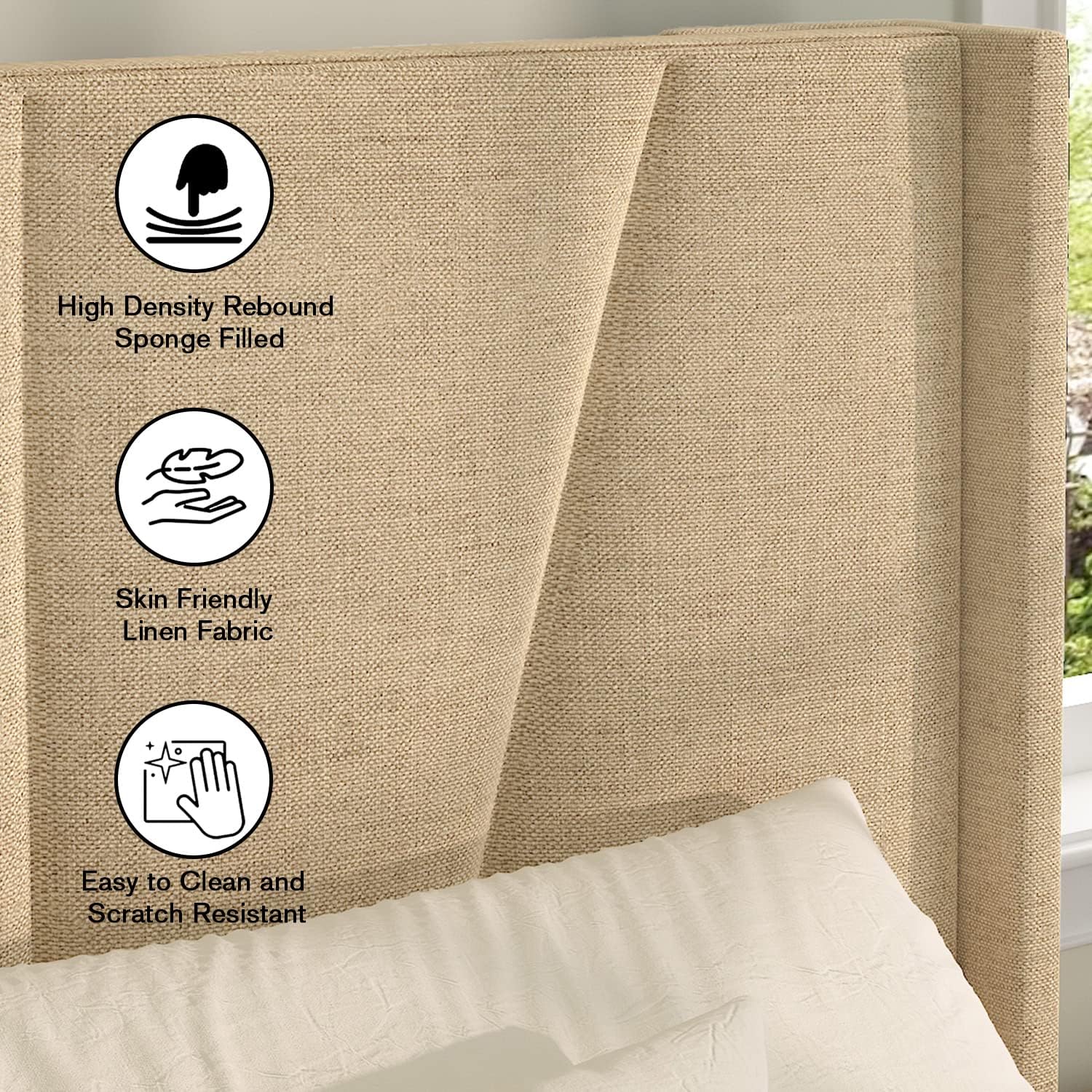 IMUsee King Size Bed Frame with Geometric Wingback Headboard, Upholstered Platform with Wood Slats Support, No Box Spring Needed, Easy Assembly, Light Beige