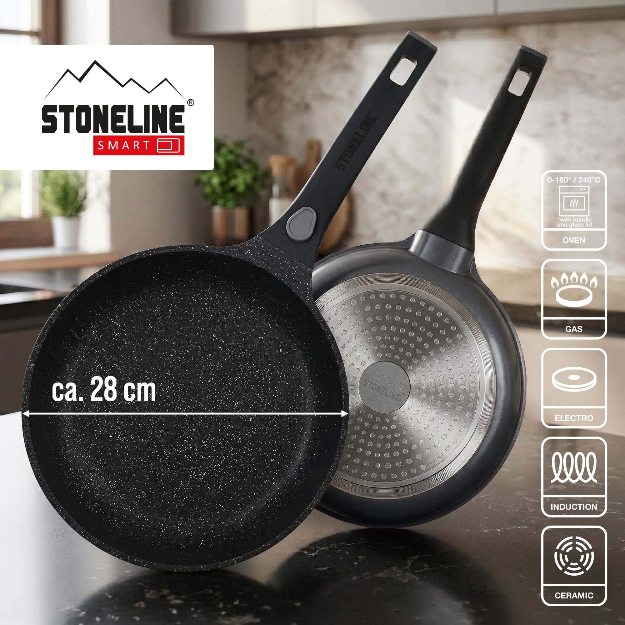 STONELINE SMART Bratpfanne mit Abnehmbarem Griff 28 cm ☆ REDESIGN 25/26 ☆ Große Aluguss Pfanne Induktion, Für alle Herdarten, Antihaftbeschichtet mit echten Steinpartikeln, Grau