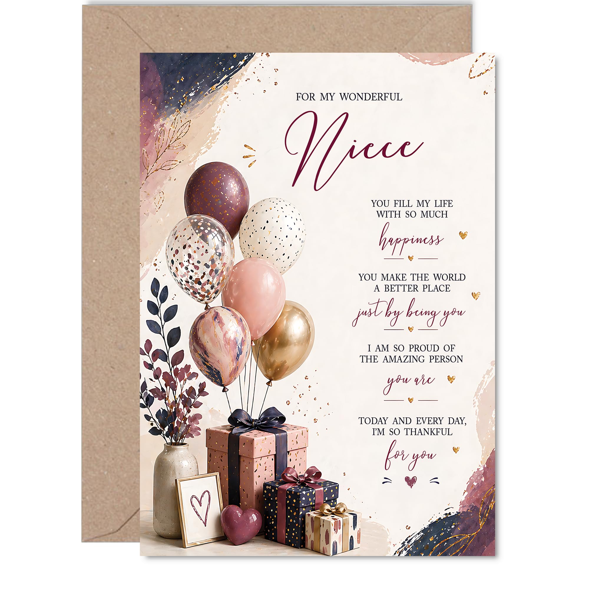 Heartfelt Birthday Card for Niece - Full of Love and Pride - Balloons, Gifts and Floral Design in Pink and Gold - 5X7 Inch, Envelope Included