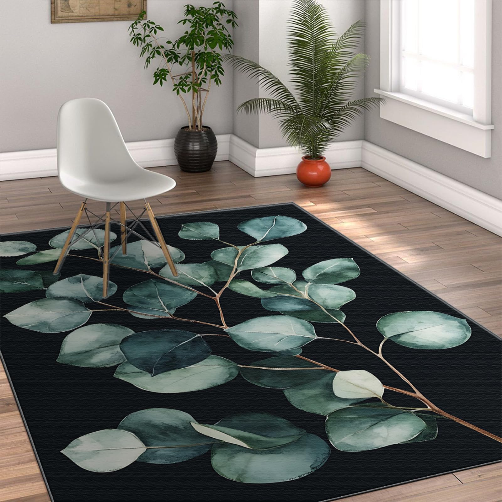 Dywaniki z zielonymi liśćmi 120 x 170 cm wzór świeżych gałęzi czarne zmywalne dywany do salonu miękki wygodny antypoślizgowy dywan do sypialni