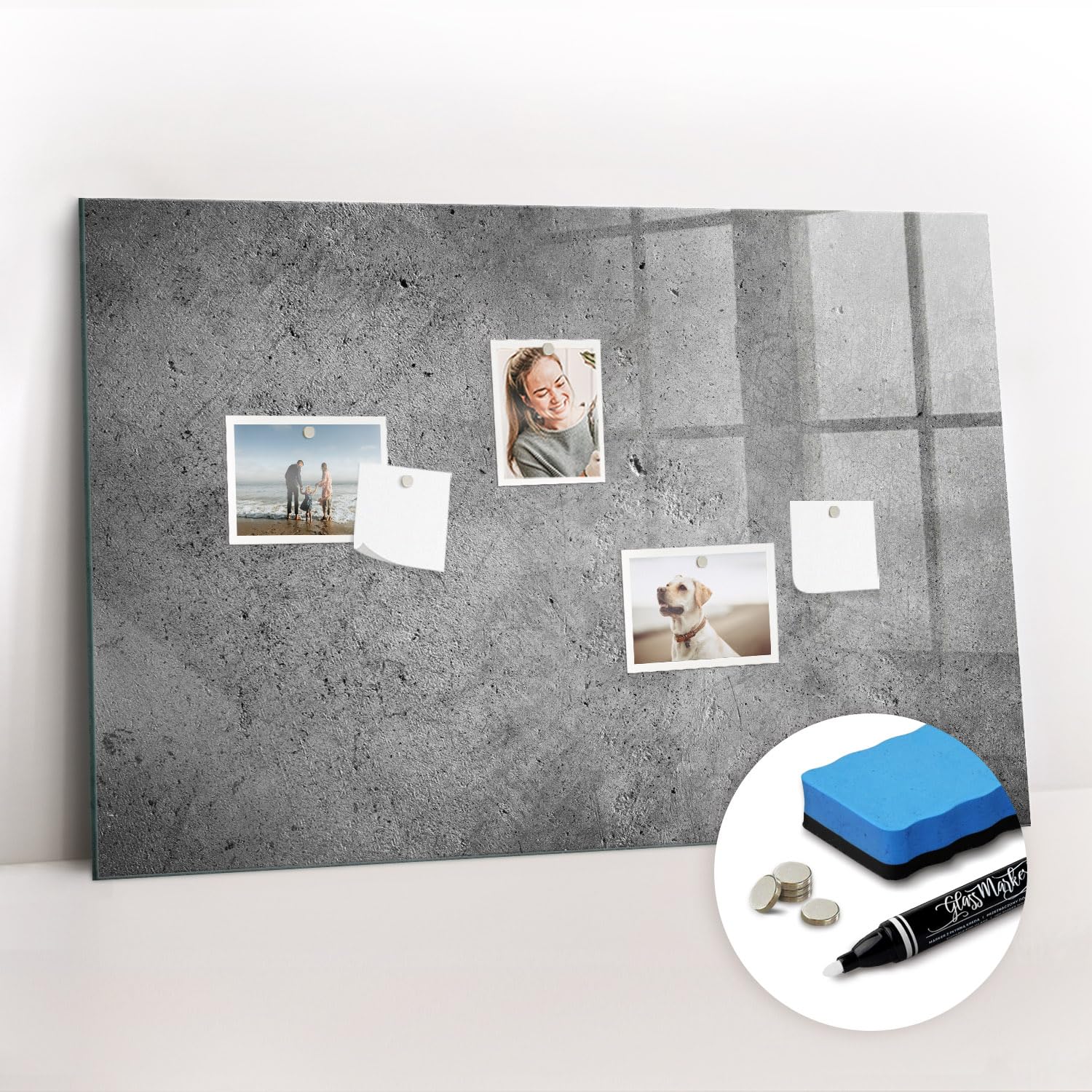 Dekorative Glas-Magnettafel | Komplettset mit Neodym-Magneten, Marker & Schwamm | Hochwertiges Sicherheitsglas | Perfekt für Notizen & Terminübersicht- 90x60 - Industriewand