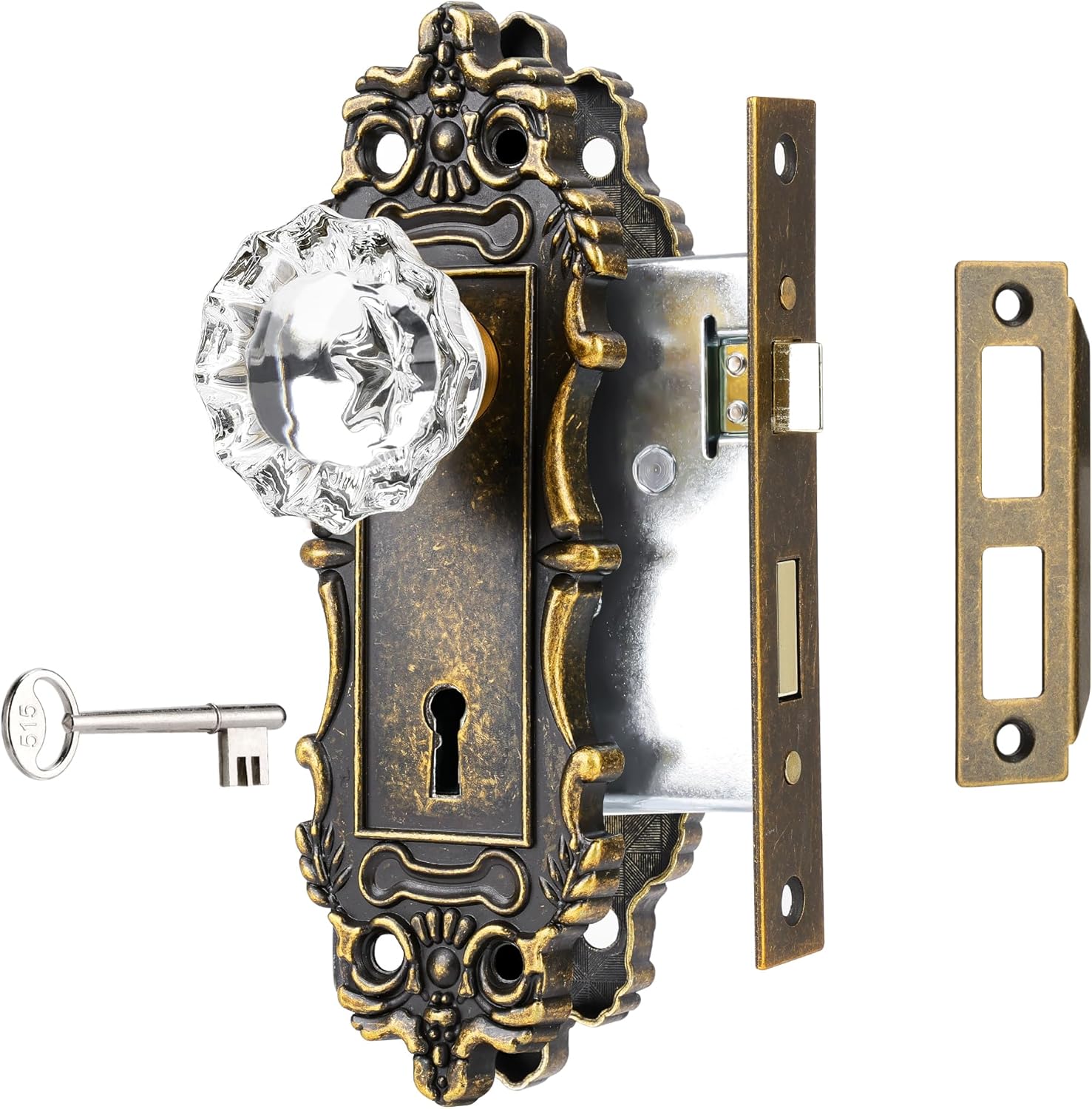 Mortise Lock Set for Interior Door, Antique Brass Door Knobs with Lock and Skeleton Key, Vintage Door Handle Lock Replacement for Interior Doors, Antique Brass Finish