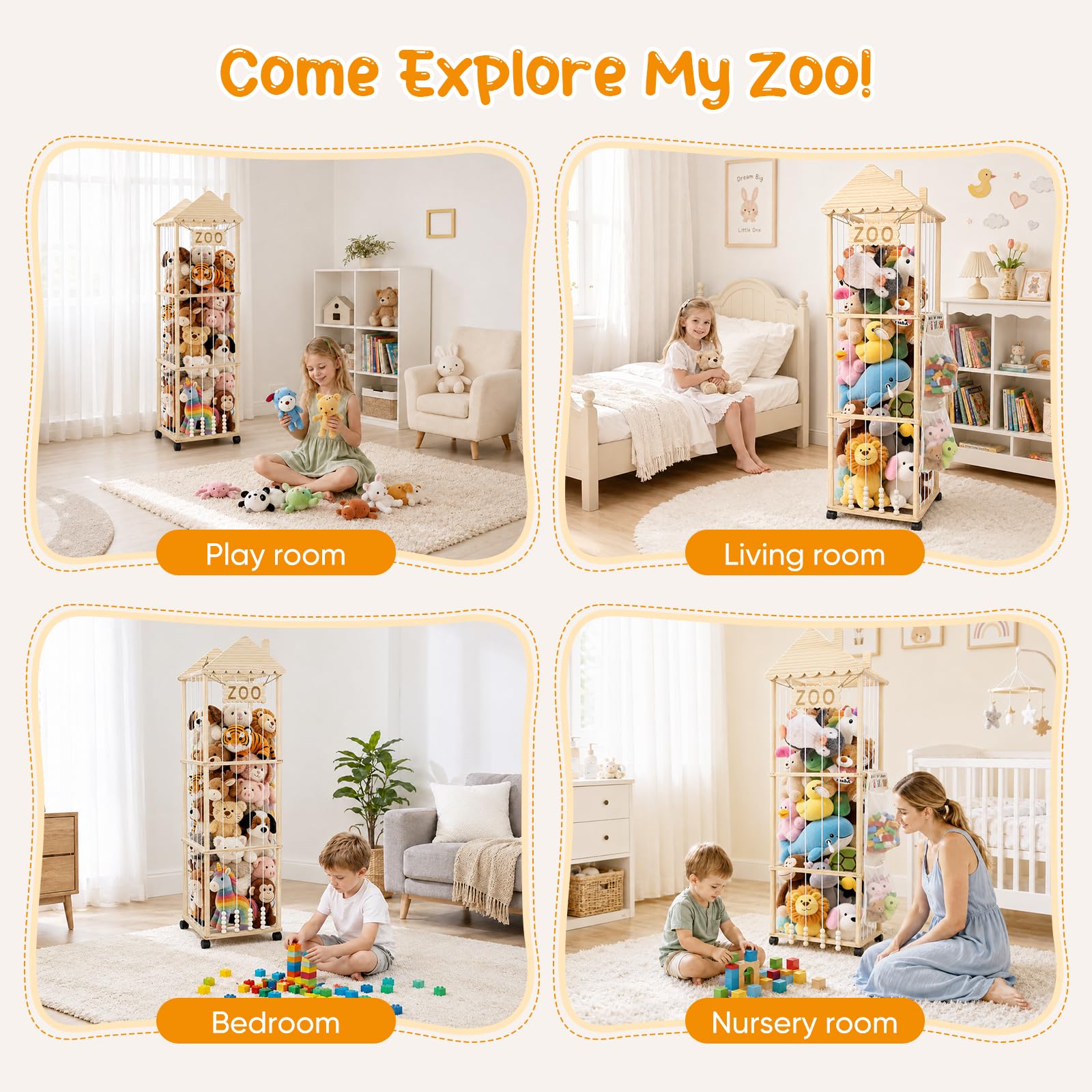 Organizador Peluches,Caja de Almacenamiento para Peluches con Reudas a 360°y Frenos,151x46x46CM Portaositos de Peluche para Habitaciones de Bebés, Dormitorios y Habitaciones Infant (Chimenea)