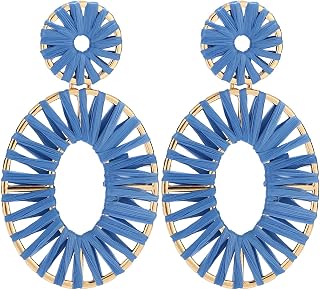 Raffia Tassel Hoop Drop Earrings Handmade Fashion Statement Jewelry for Women
