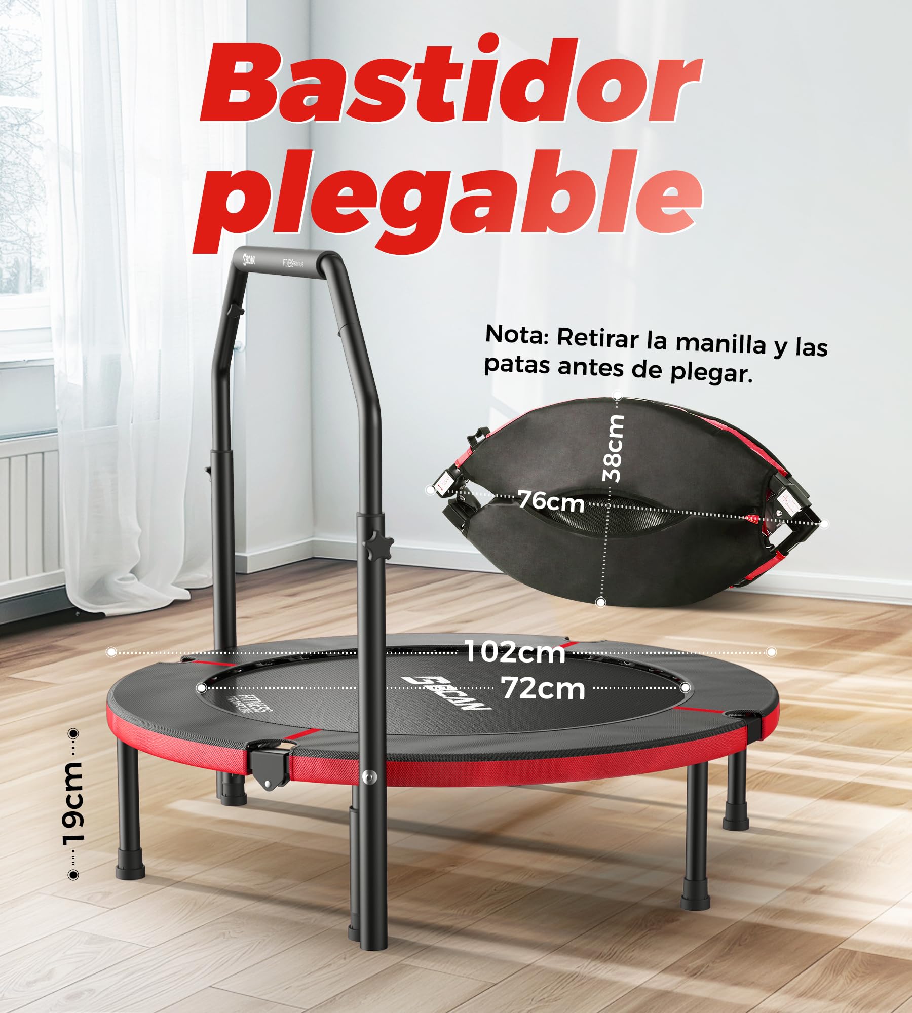Trampolín de Interior BCAN, Mini trampolín de Fitness Plegable de 102 cm, para Adultos con asa Ajustable, Carga máxima de 150 kg, Ideal para Entrenamiento en casa y Ejercicio.