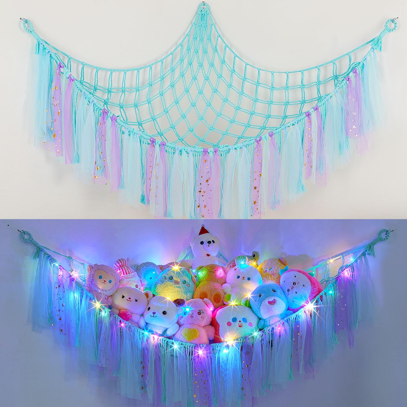 FIOBEE Stuffed Animals Net LED Light Toy Hammock for Kids Bedroom Storage