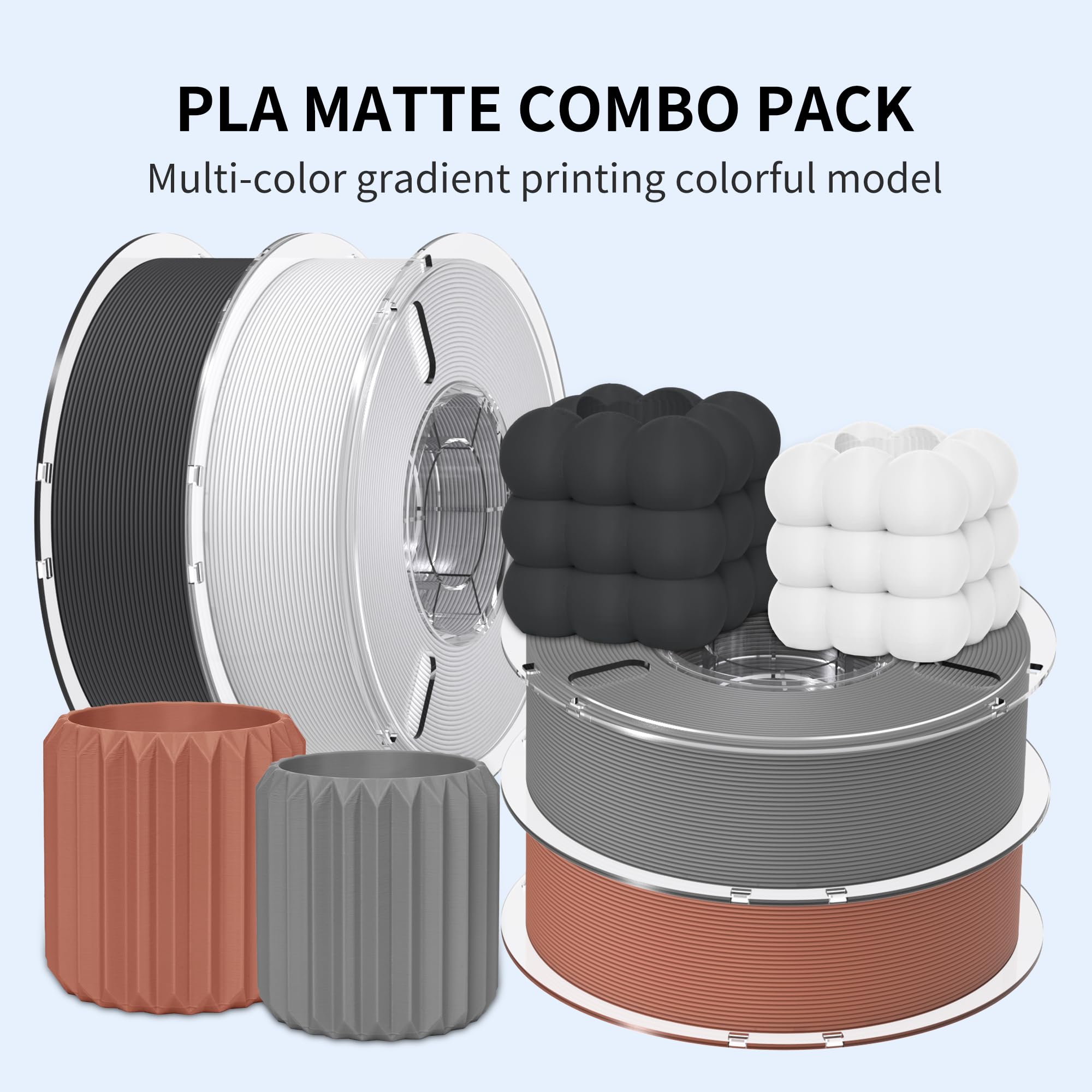 RAMBERY Paquete de filamentos PLA mate para impresora 3D, 4 kg, filamento PLA de acabado liso mate de 1.75 mm, empaquetado individualmente al vacío, 1 kg (2.2 libras) x 4 unidades, negro/blanco/gris