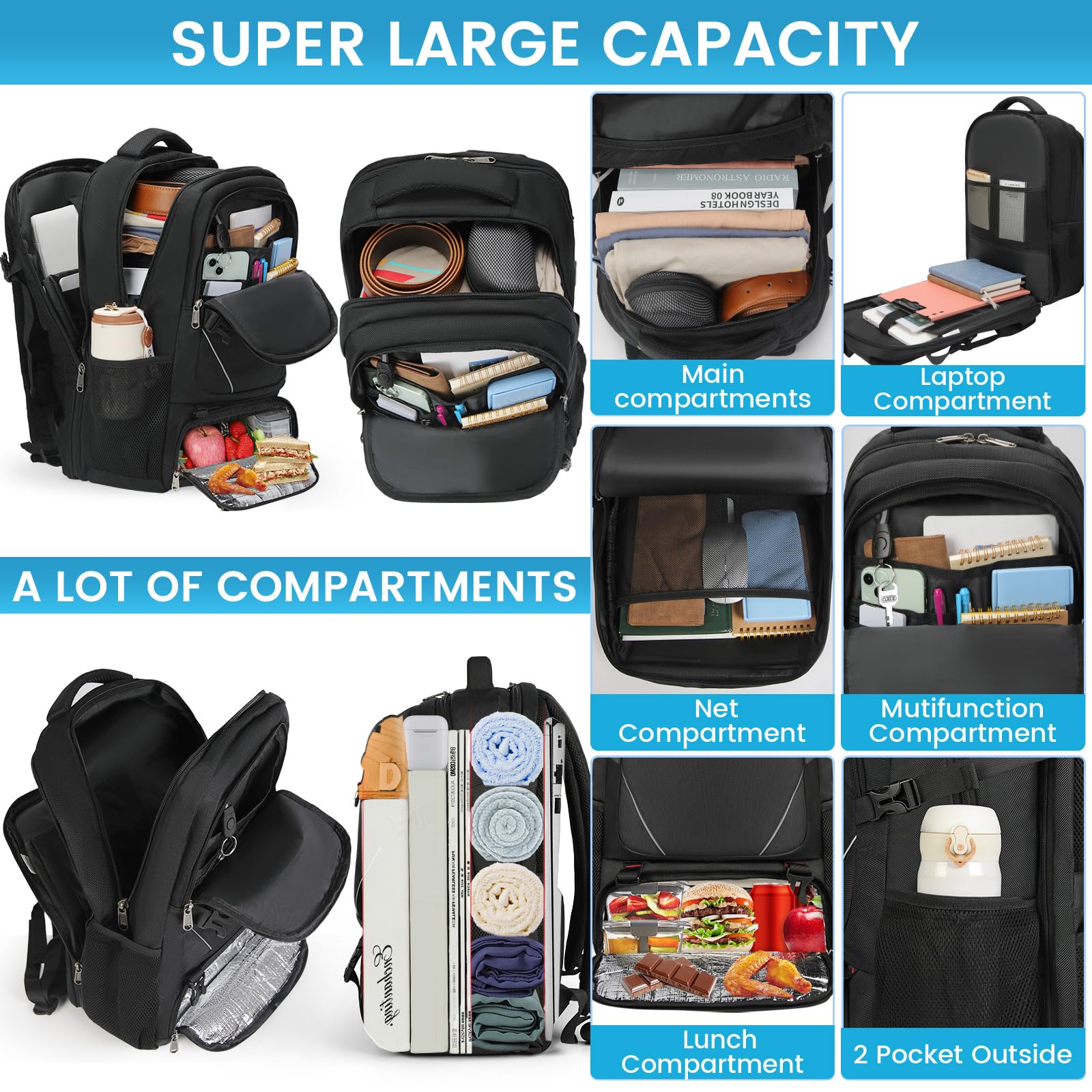 RAINSMOREZaino Uomo Porta PC 17.3 Pollici Lavoro Grande 50L Impermeabile Pranzo Laptop Computer Notebook per PC Portatili Viaggio Ufficio Scuola Università, Nero