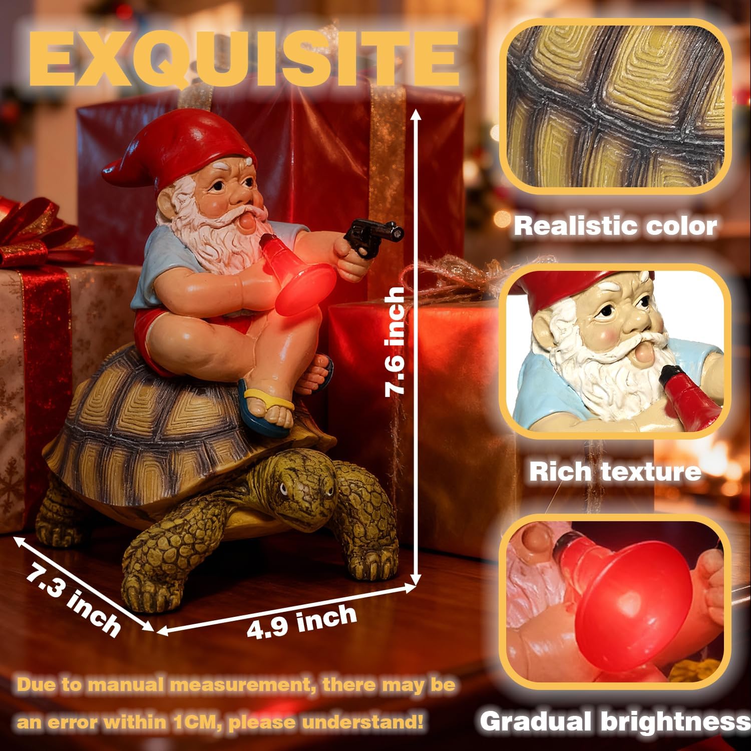 Solar Funny Garden Gnomes with Gun Turtle Figurine Colorful Graden LED Lights Decorations for Yard Sculpture Outdoor Statue