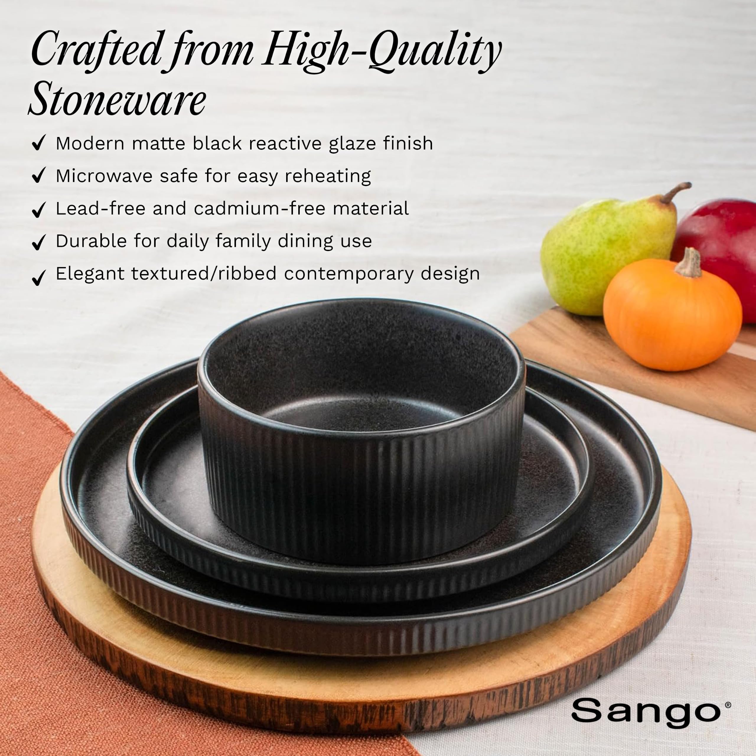 Sango Anderson Geschirr-Set aus Steingut, geriffelt, modernes schwarzes Geschirr für 4 Personen, Premium-Servierteller und Schüssel-Sets, splitter- und kratzfest, Keramik-Küchenschale, mikrowellen