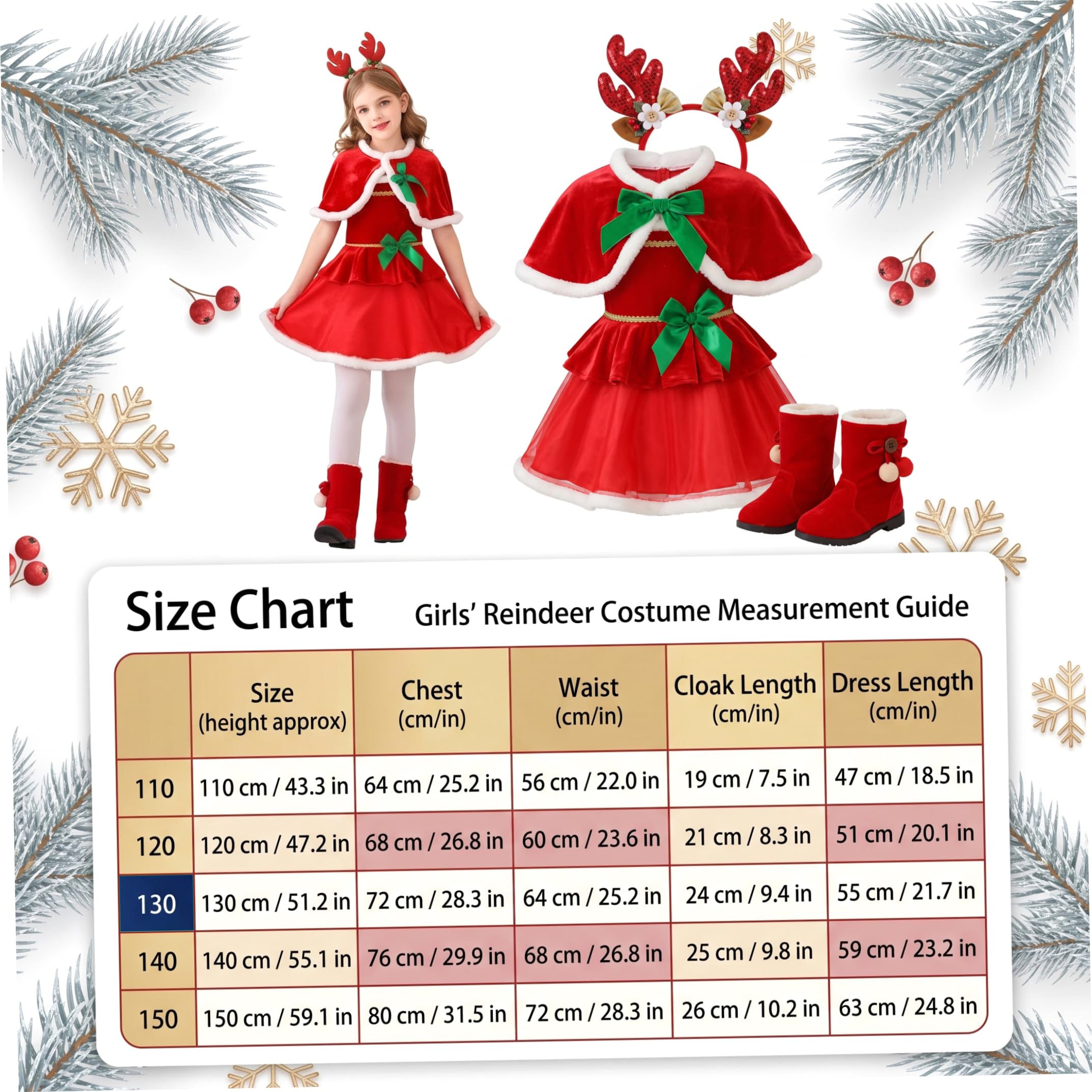 Abiti natalizi per ragazze, costume da Babbo Natale per bambini con fascia per capelli con corna per feste, foto, cosplay, 110 cm