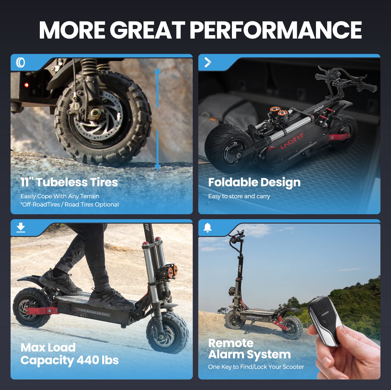 LAOTIE Ti30 Electric Scooter Adults, 5600W Dual Motors (Total), Max Speed 52 MPH & 87 Miles Range, 11" Tubeless Tires, Foldable E-Scooter with Oil Brake and Electric Brake, Dual Suspension