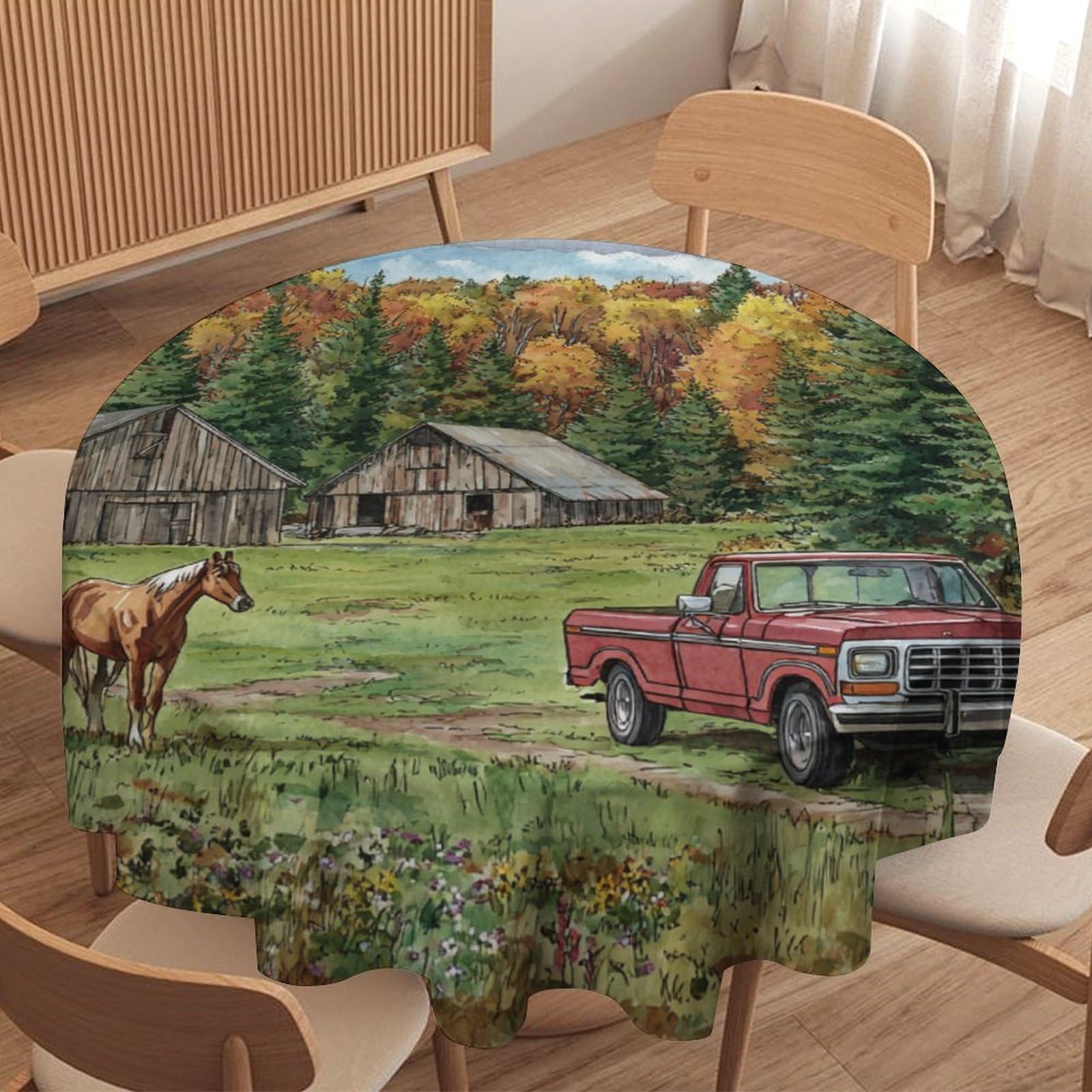 LUYYSKY Beautiful Rustic Red Truck Waterproof Round Tablecloth Retro Abstract Autumn Woodland Log Cabin Animals Horses Print Washable Table Cover for Kitchen-127 Wx127 L cm