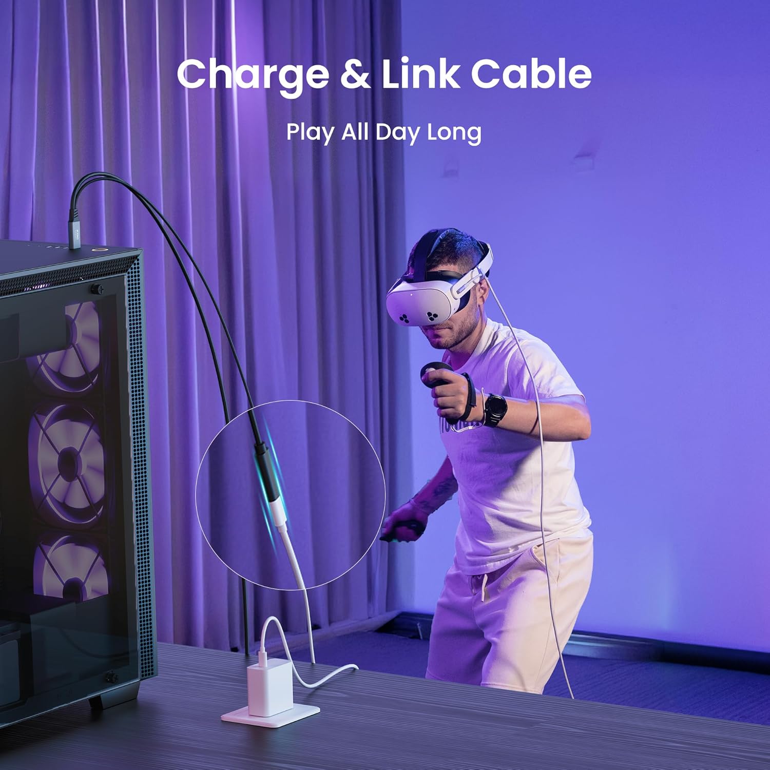 KIWI design Link Cable with Charging 16FT Compatible with Meta Quest 3s/3/2/ Pro/Pico 4 Accessories and PC/SteamVR, USB 3.0 to USB C Link Cable with 5Gbps Super Speed for Extended Gameplay, Black