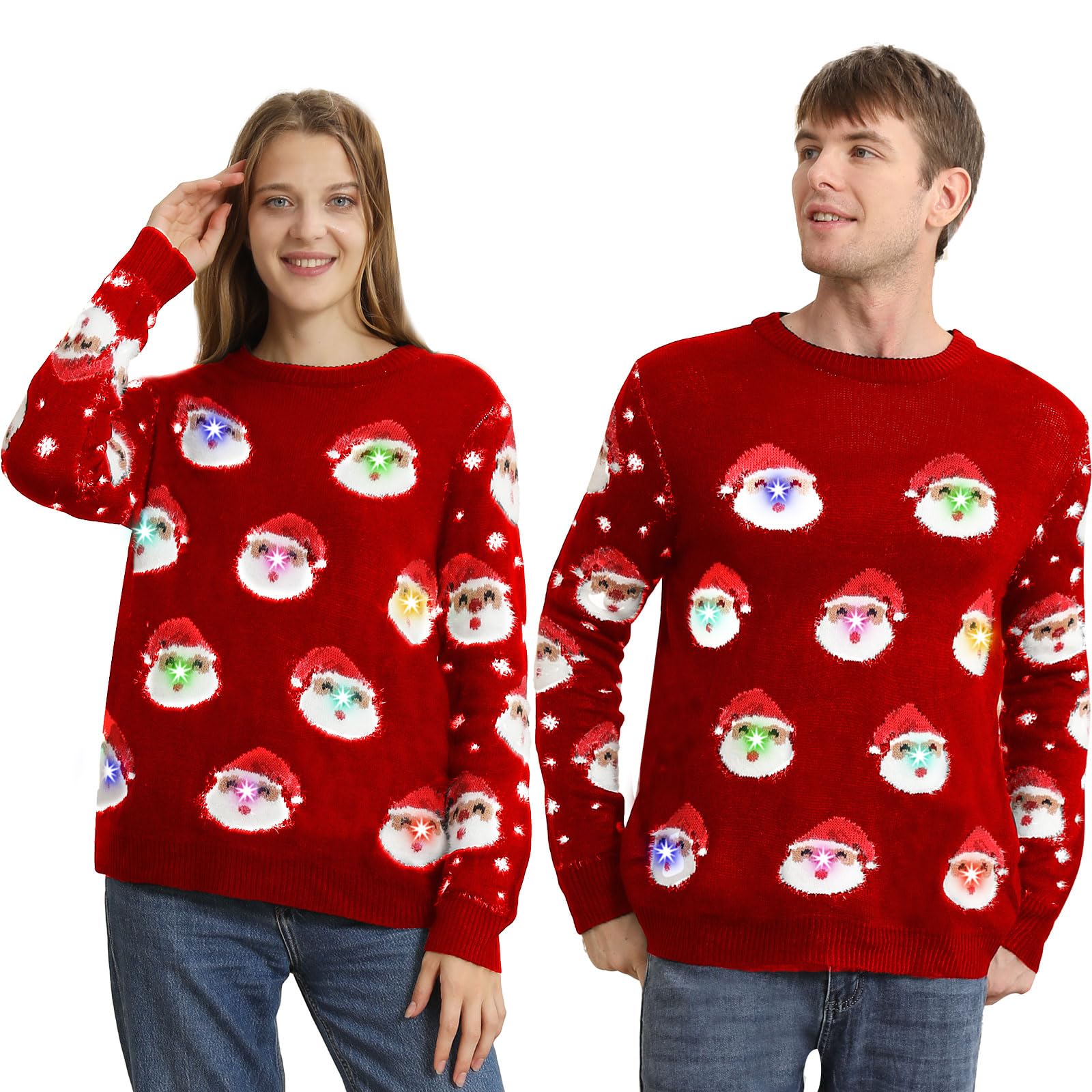 Maglione Natalizio con Luci LED, Maglioni Natalizi Famiglia Set, Brutti Maglione Natalizio Uomo Donna Ugly Christmas Sweater, One Piece Manica Lunga Maglia Natale Maglione di Natale per Coppia