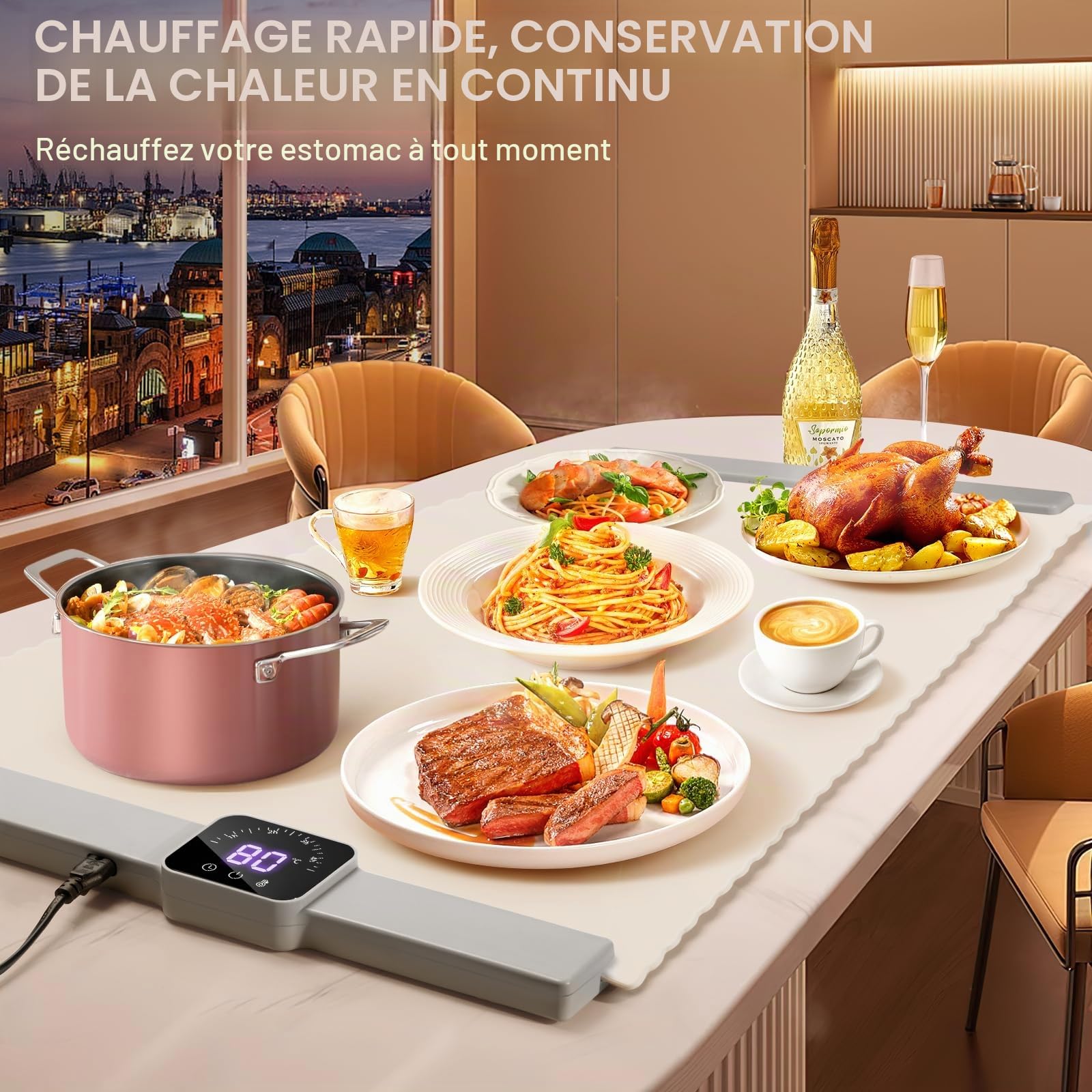 DoubleCare Chauffe Plat Électrique, Plaque Chauffante Pliable Flexible avec 5 Réglages de Température et une Minuterie de 4 Heures, Chauffe Assiette à Réchaud pour Buffets Fêtes Banquet