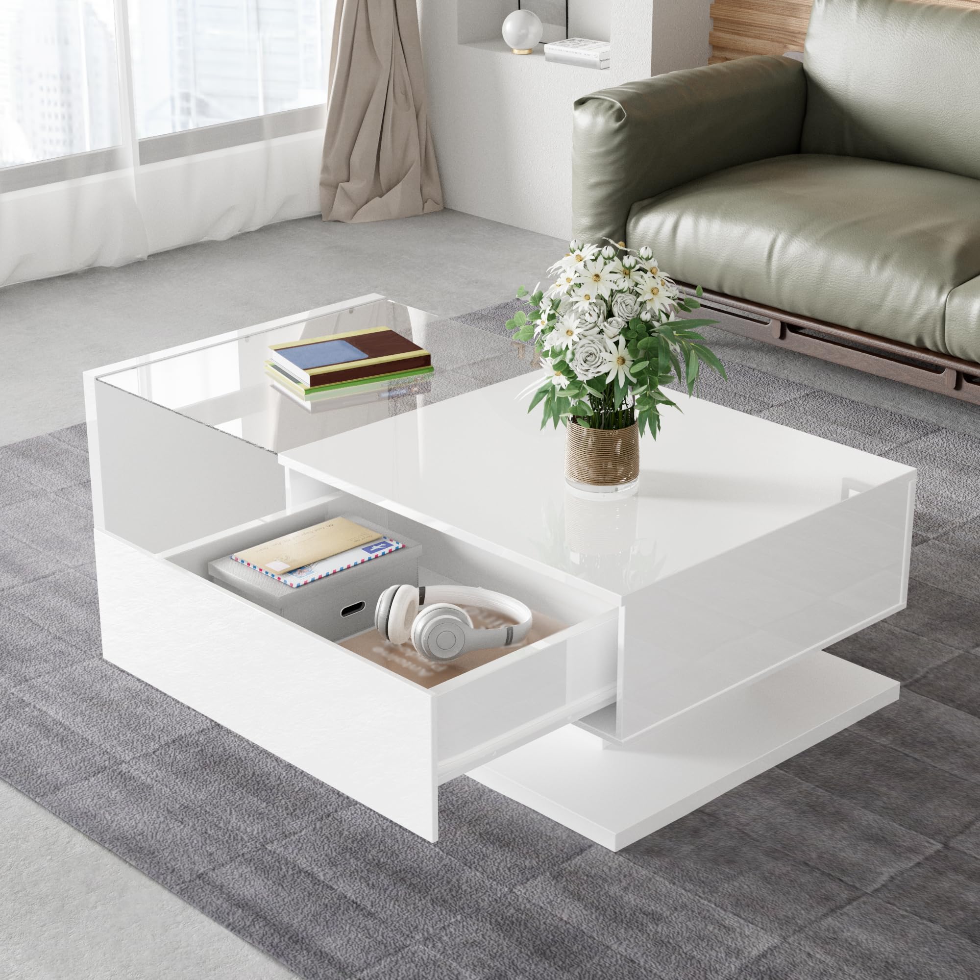 BTM Couchtisch, Hochglanz-Weiß. Beistelltische, Couchtische mit Glas und LED-Effekt