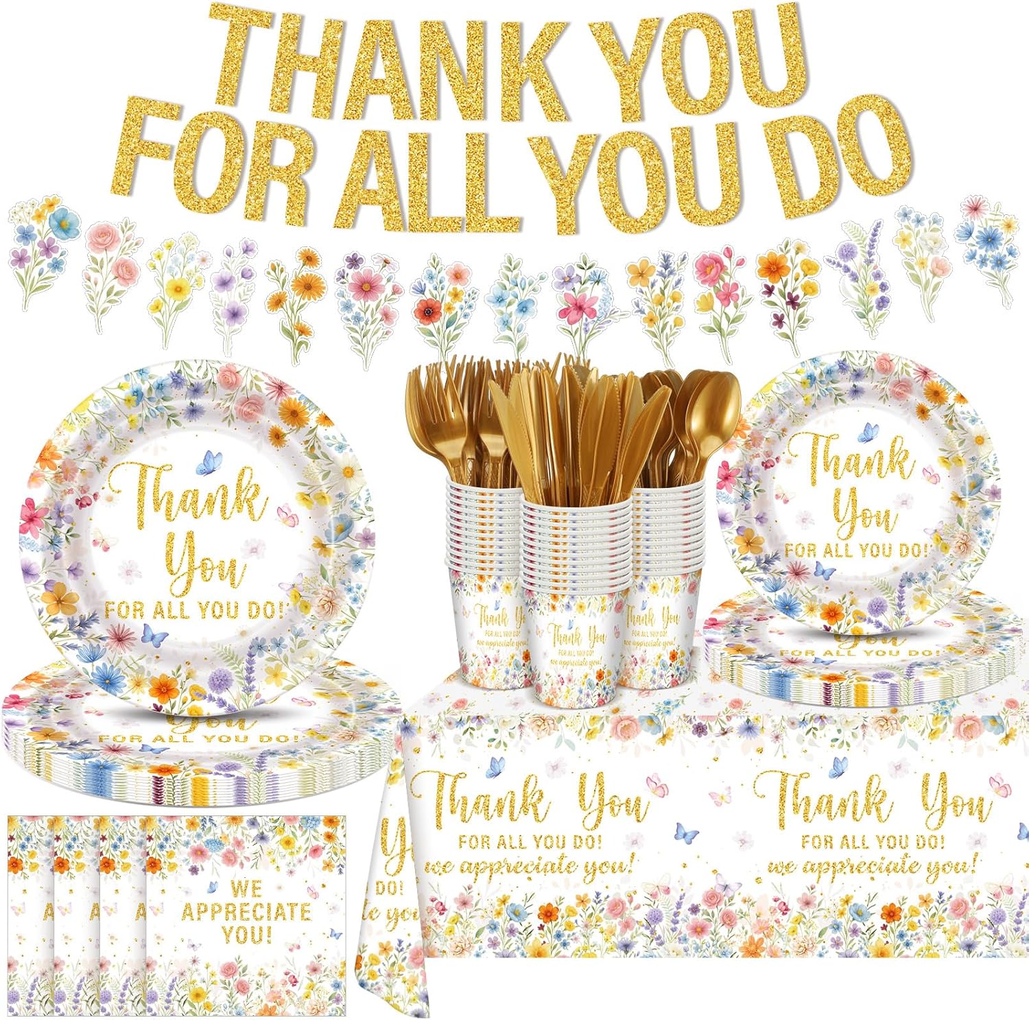 Yungyan Employee Appreciation Decorations Teacher Appreciation Gifts Bulk Thank You Party Decorations We Appreciate You Spring Wildflower Plates, Napkins, Banner Table Decor for Team Gift Graduation
