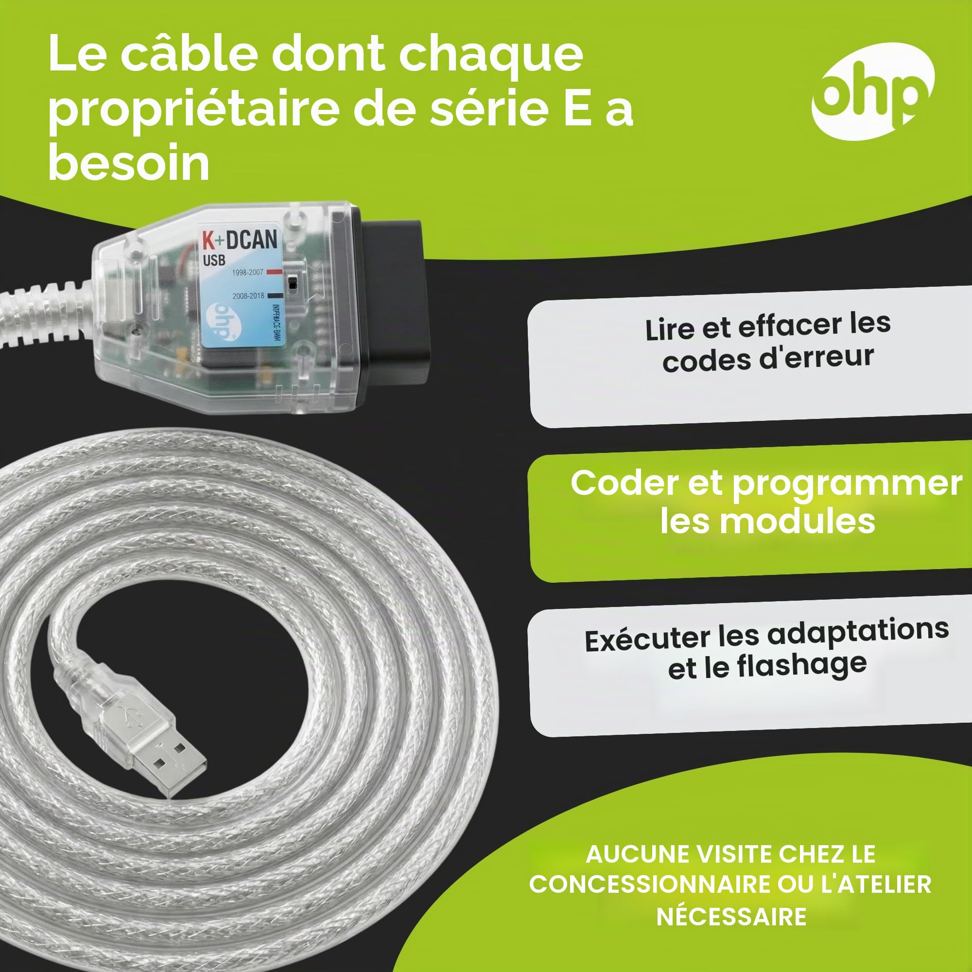 OHP K DCAN OBD2 USB pour BMW ISTA INPA Rheingold | Modèles E-Chassis 1998–2016 | Windows Uniquement
